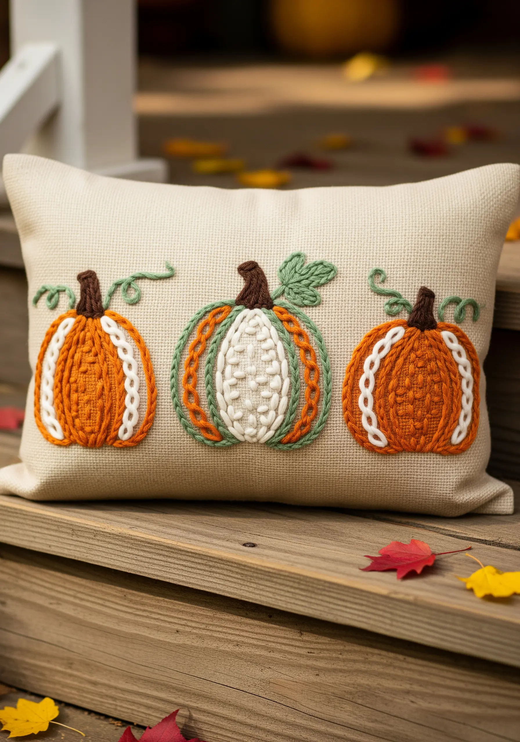 Three embroidered pumpkins with chunky, couched yarn details on a linen pillow.