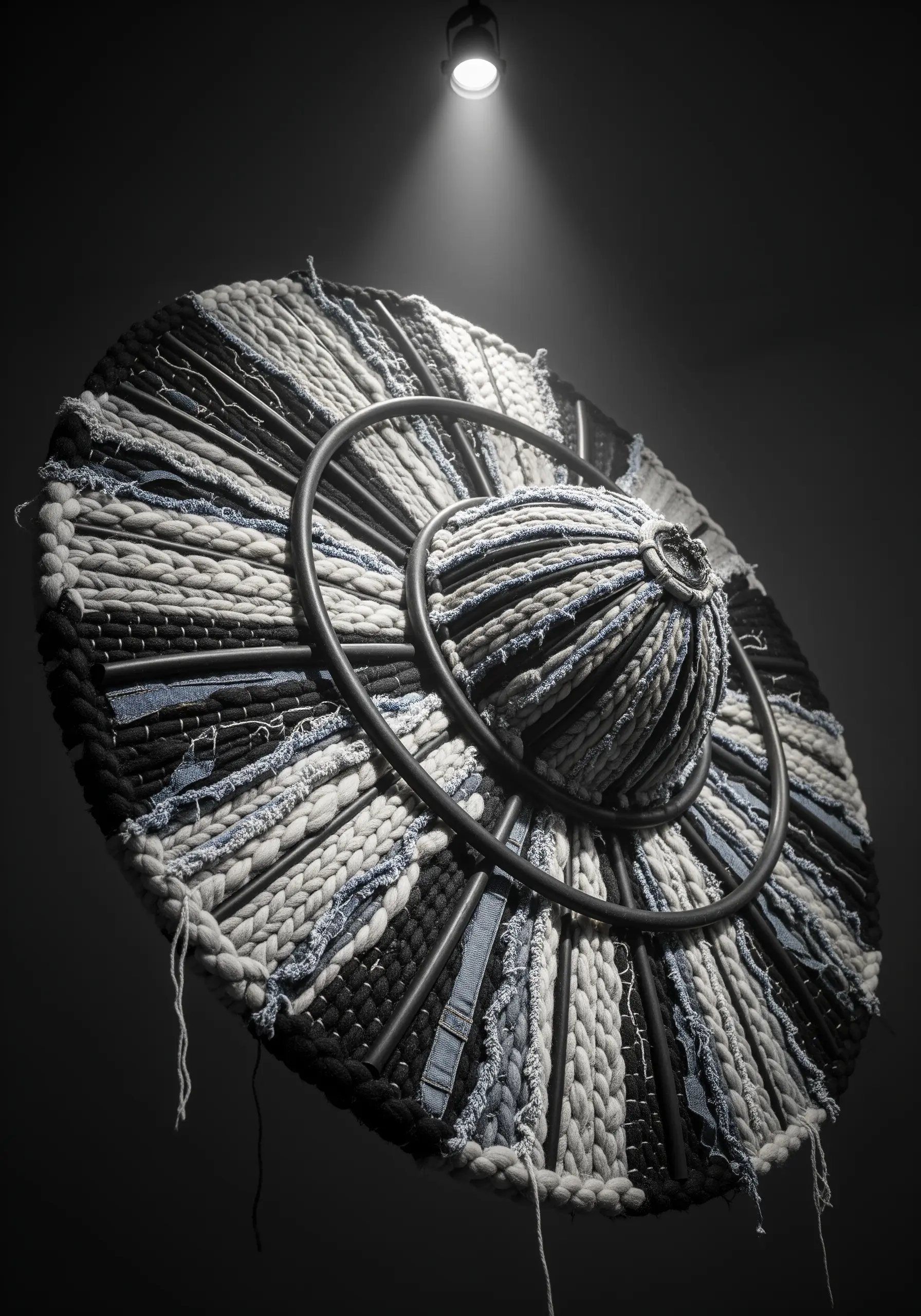 A circular woven wall hanging made with upcycled denim, thick yarn, and other fabrics.