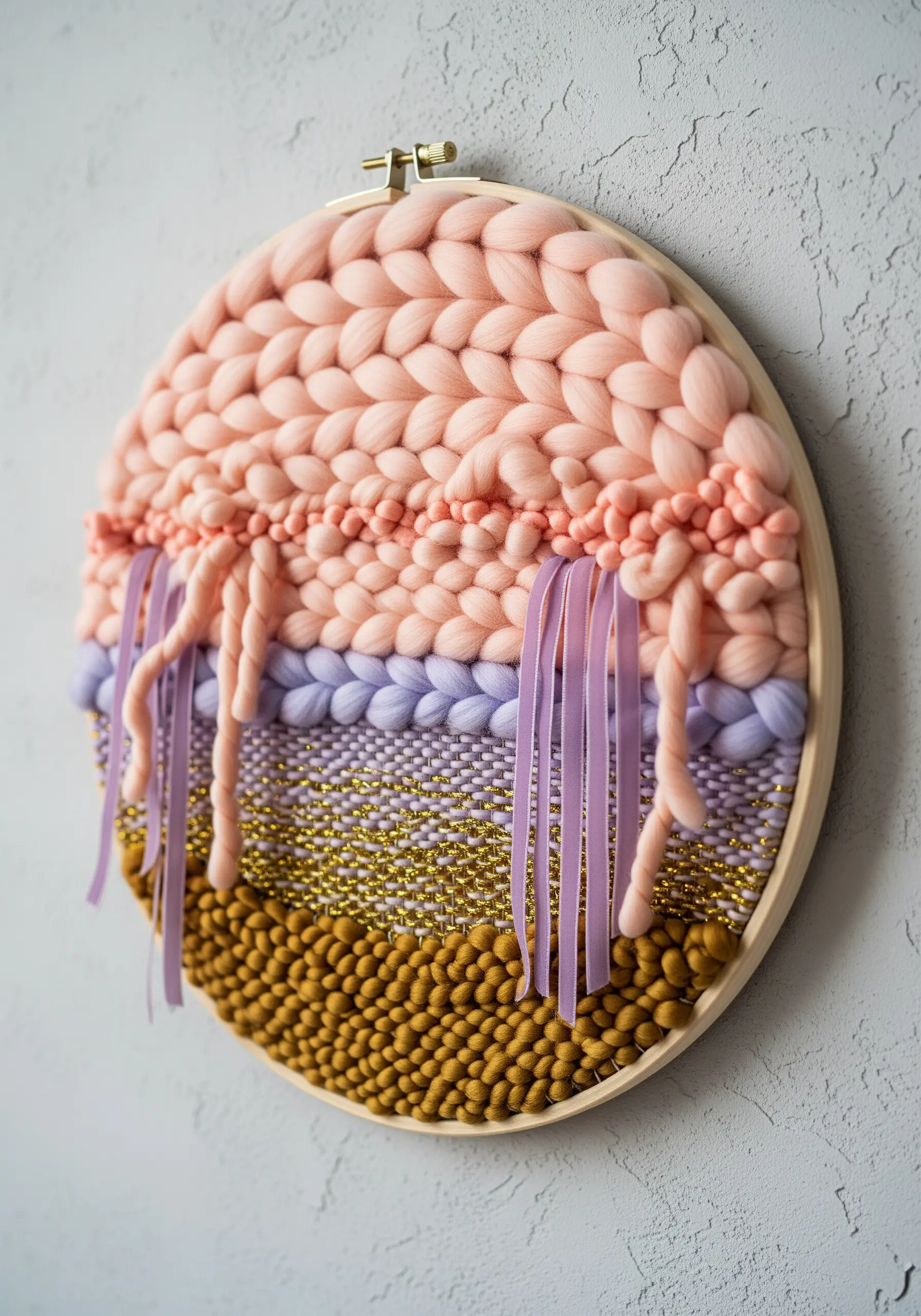 Round woven wall art in pink, purple, and mustard yarn
