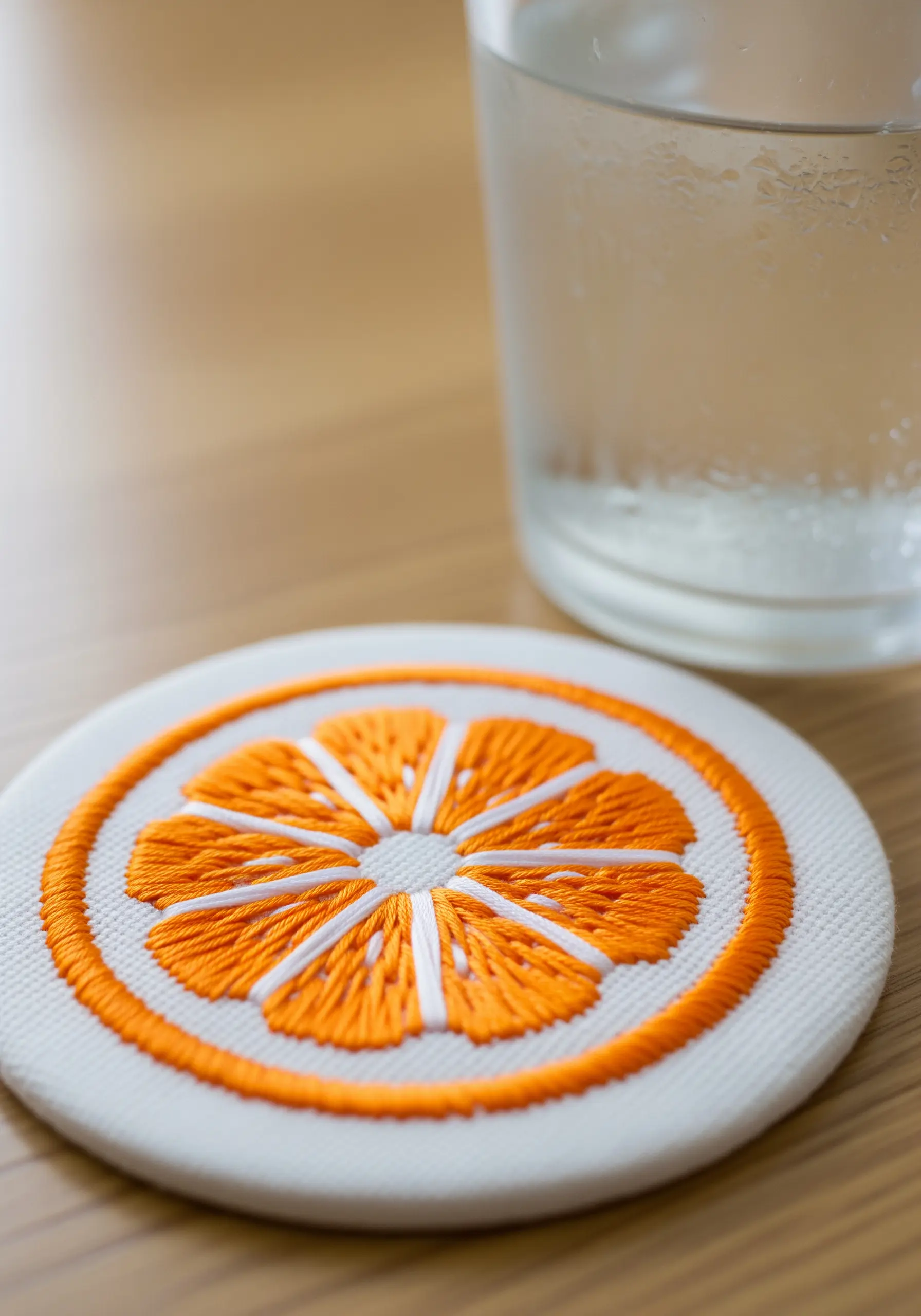 An embroidered orange slice coaster with neat satin stitch segments.