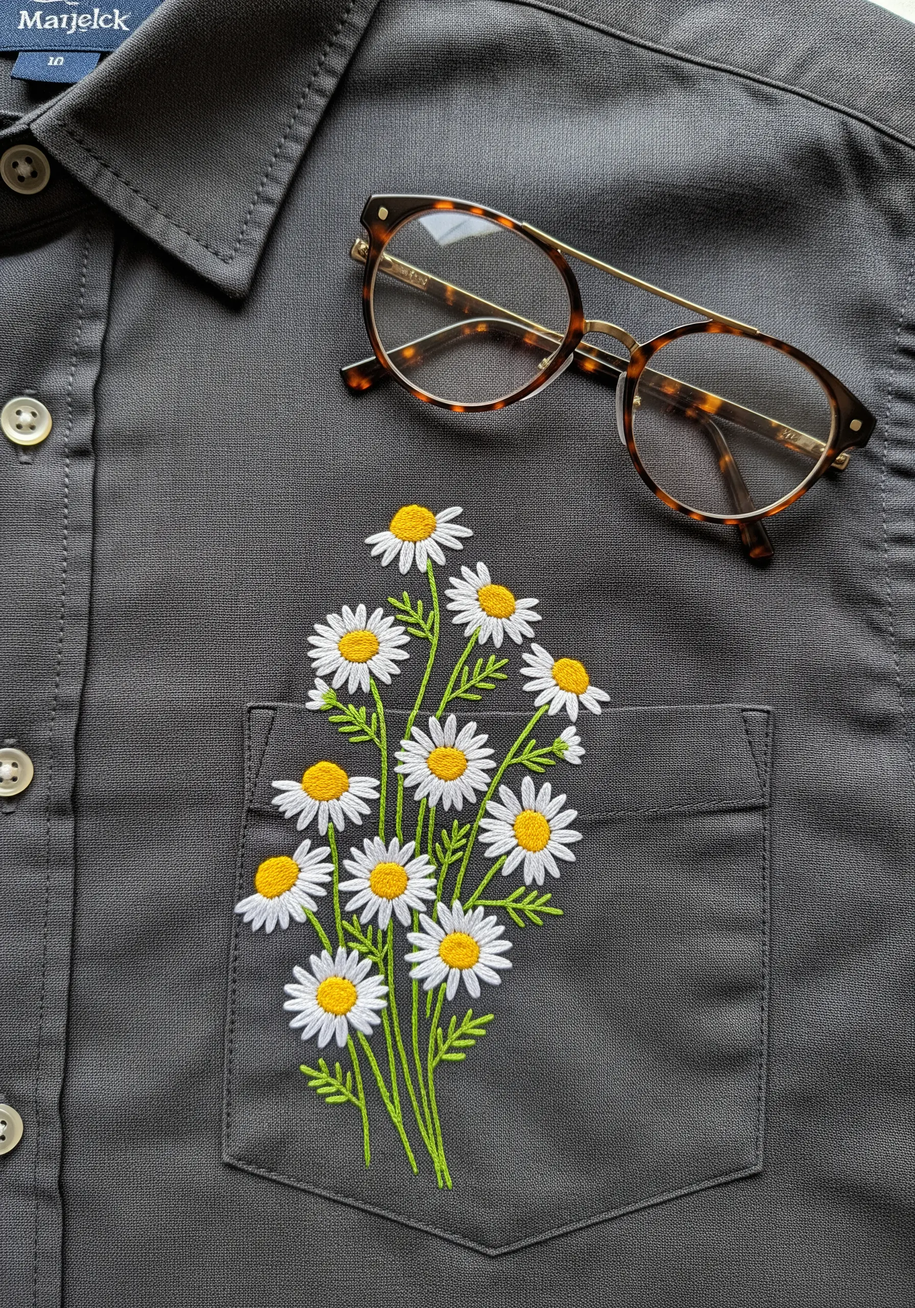 A fresh bouquet of white and yellow daisies embroidered on a charcoal grey shirt.