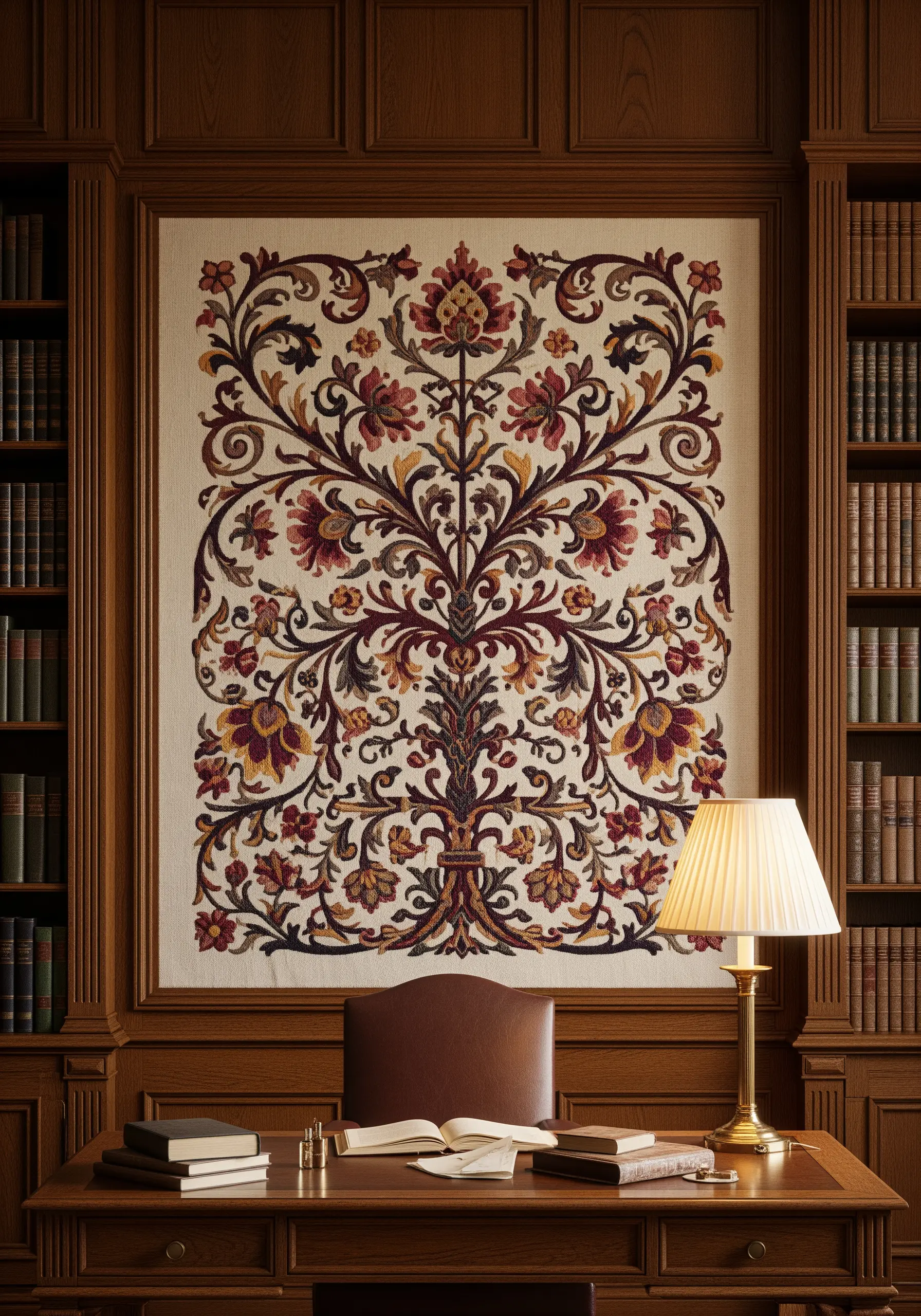A large, traditional needlepoint tapestry with a floral damask pattern in a wood-paneled library.