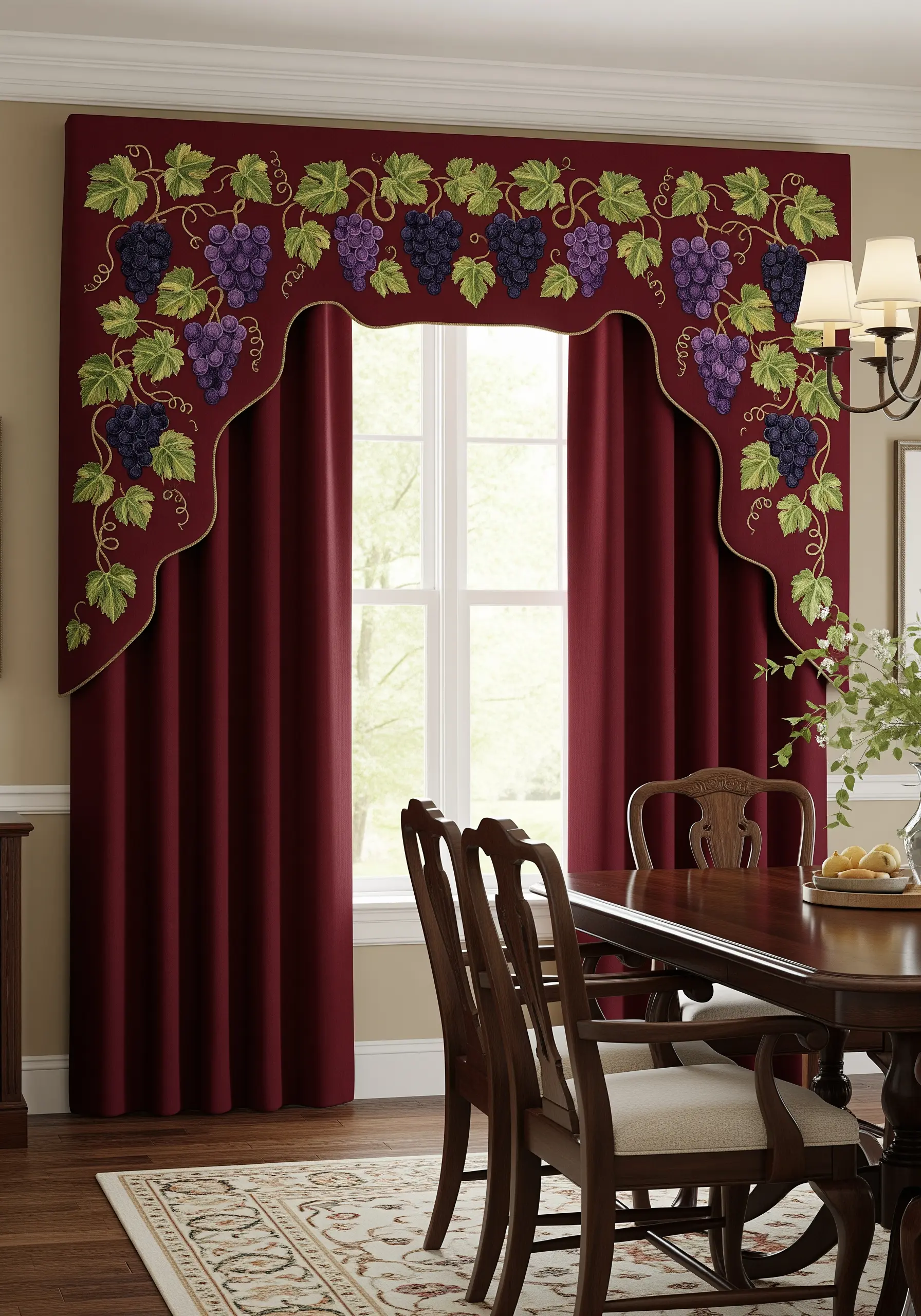 An ornate grapevine embroidery design on a burgundy curtain valance with gold trim.