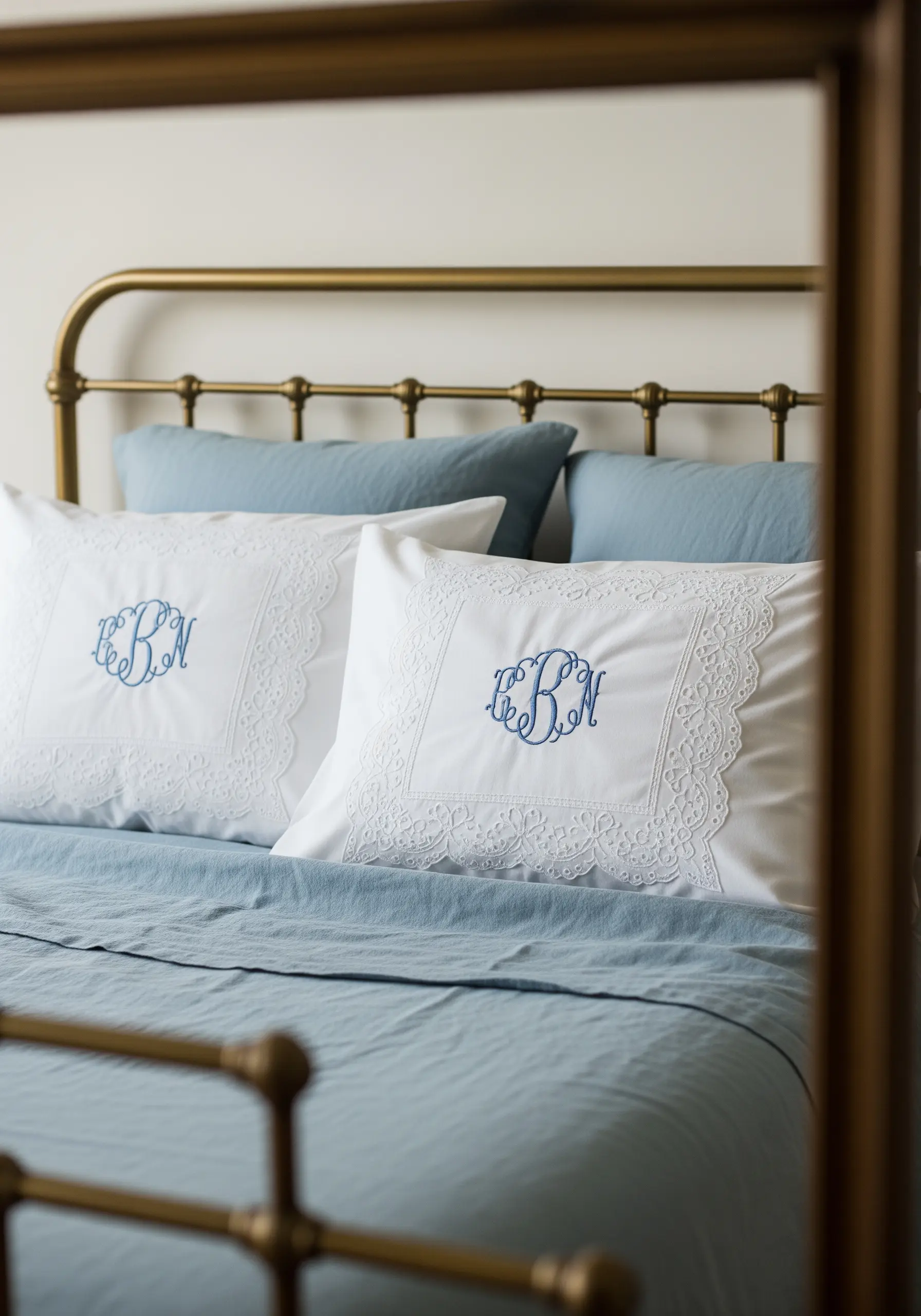 White pillowcases with intricate blue satin stitch monograms and white lace borders.