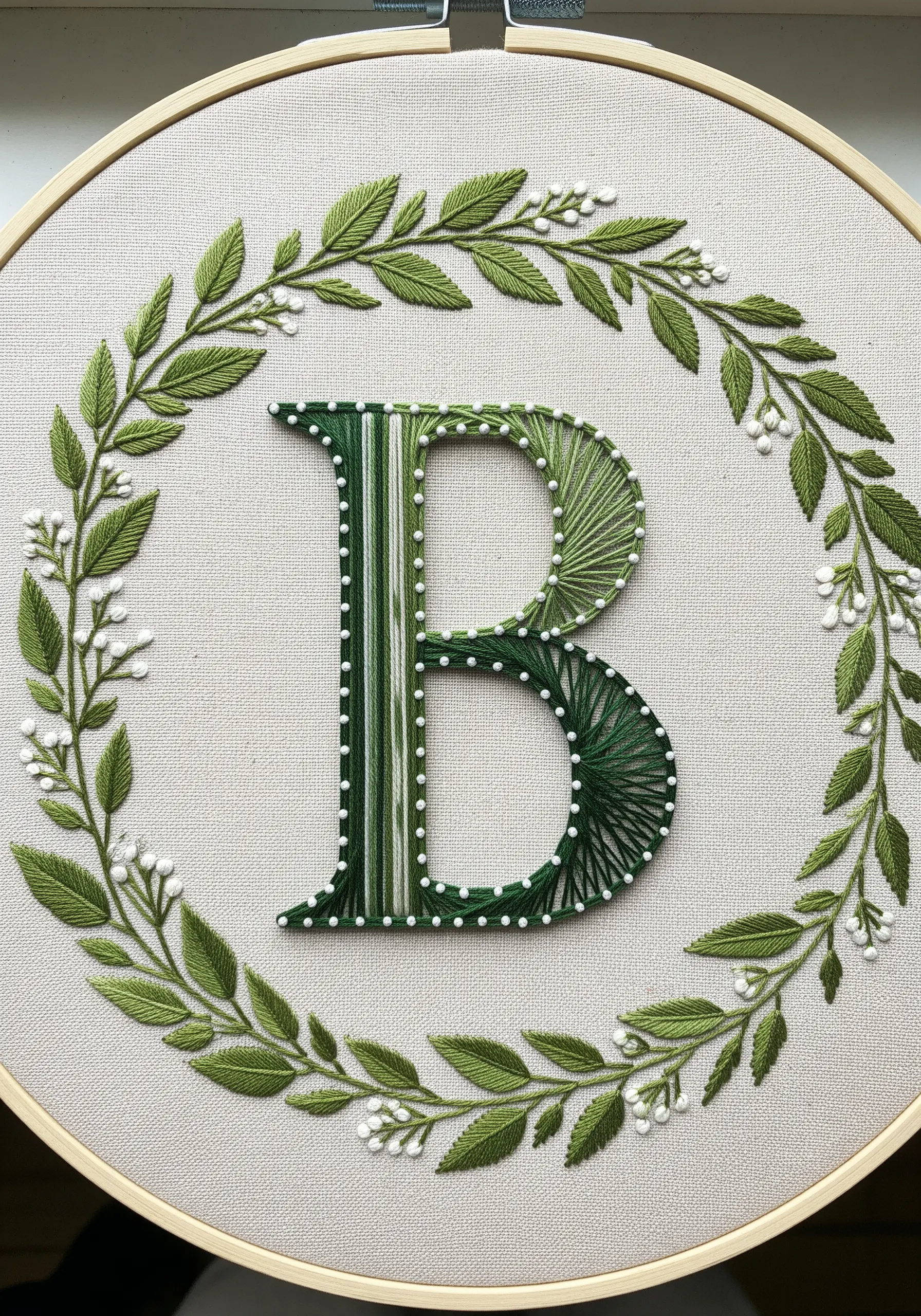 A green gradient monogram encircled by a delicate embroidered wreath with white buds.