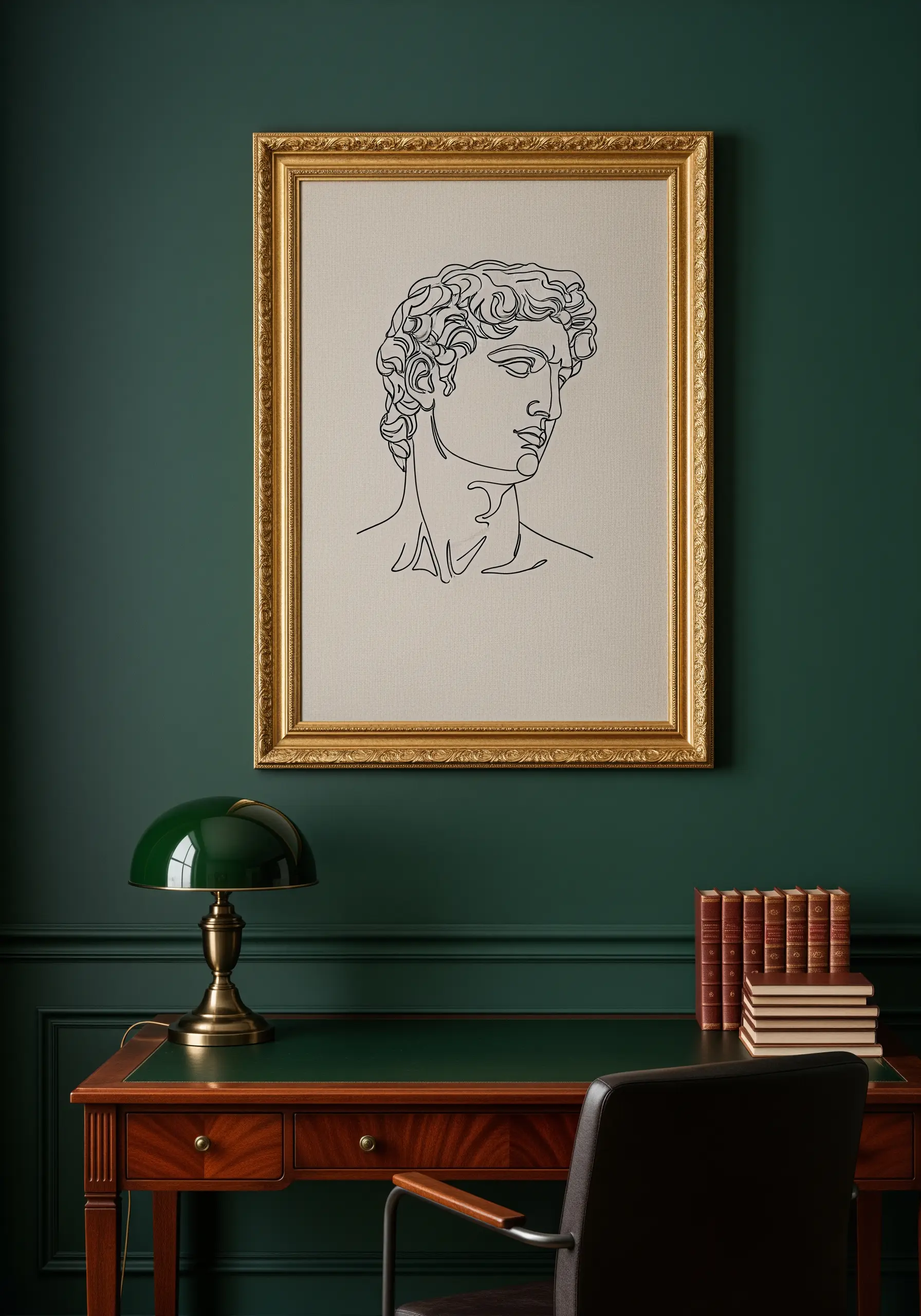A single-line embroidered portrait of a classical Greek statue in an ornate gold frame.