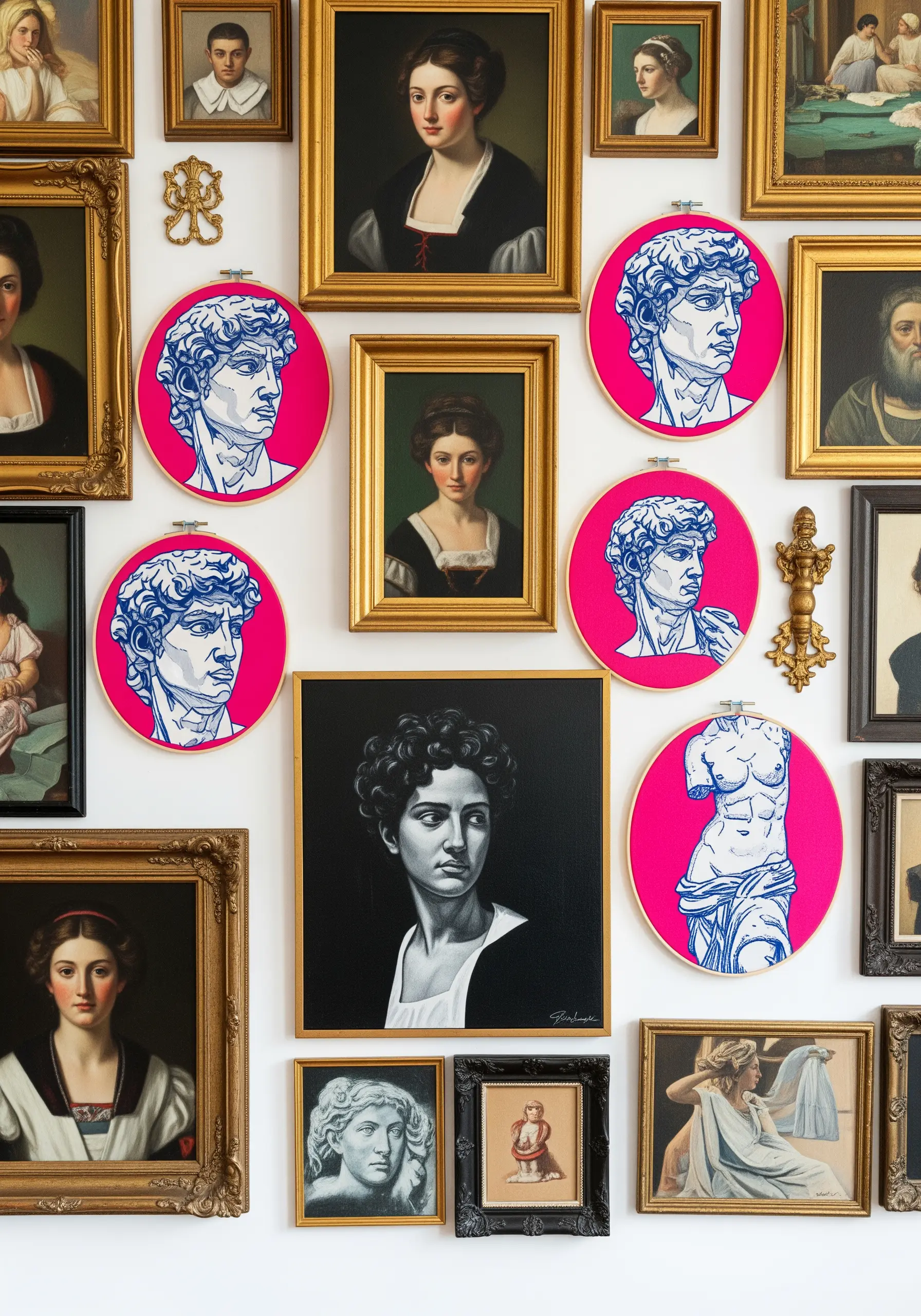 Gallery wall mixing classical paintings with neon pink embroidery hoops of statues