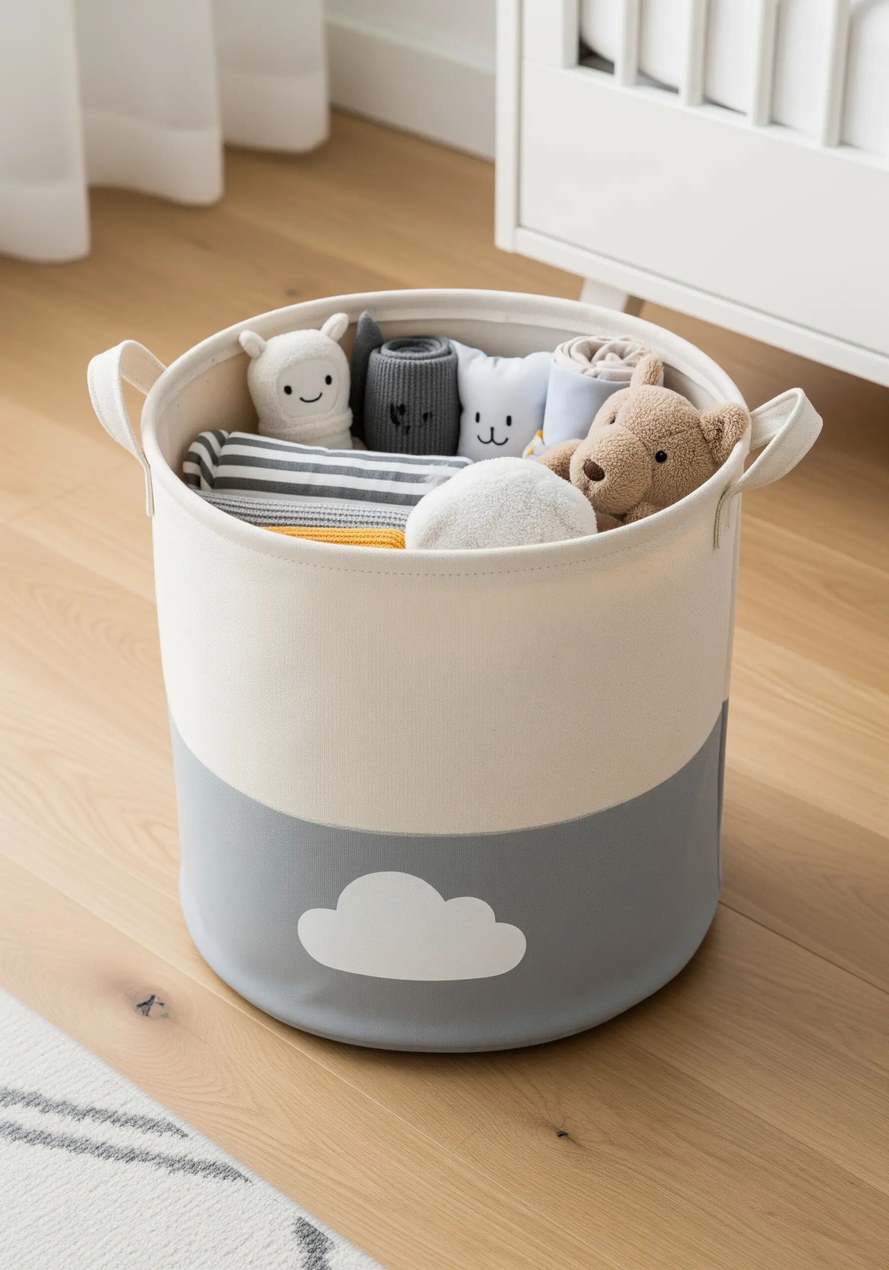 A canvas toy storage bin with a gray bottom and a white cloud appliqué.
