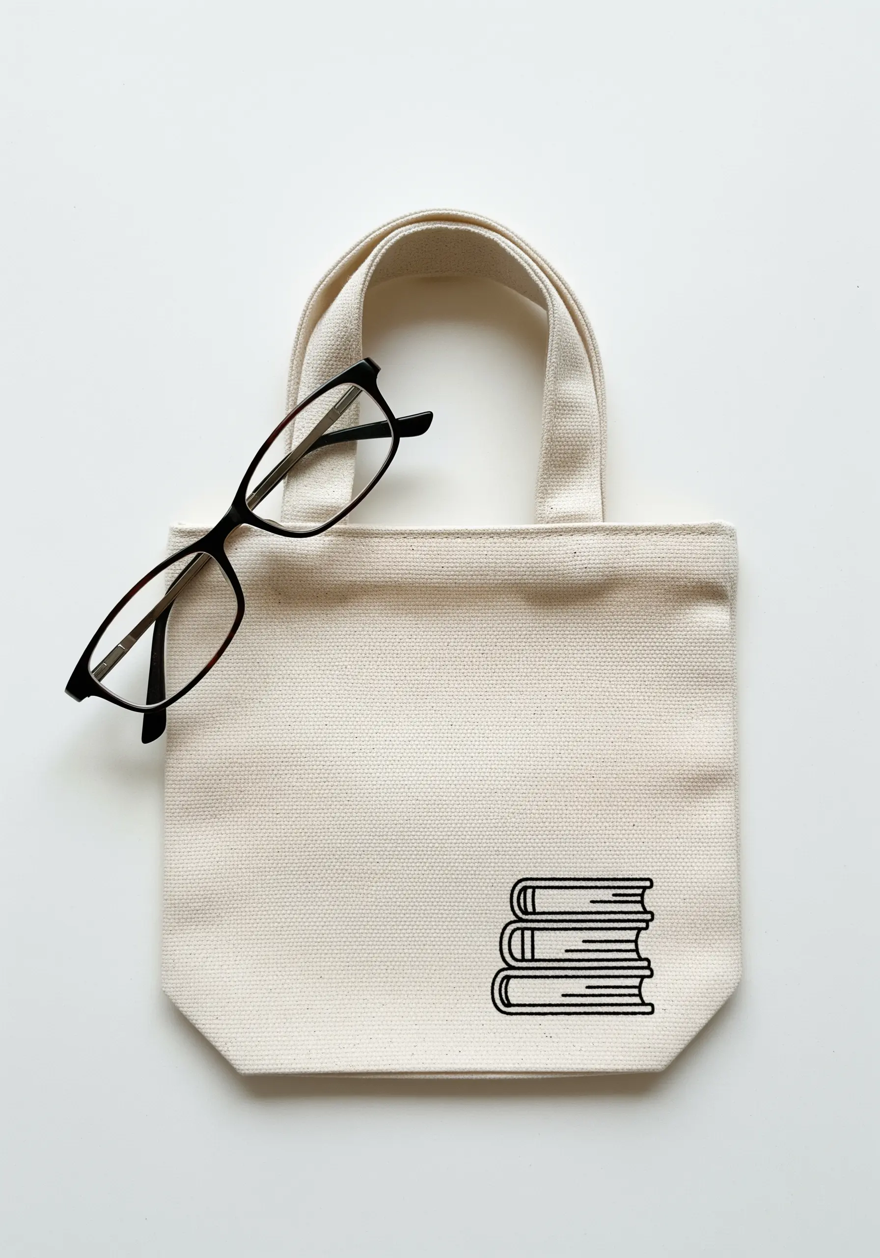 A simple black line-art icon of a stack of books on a small canvas tote bag.