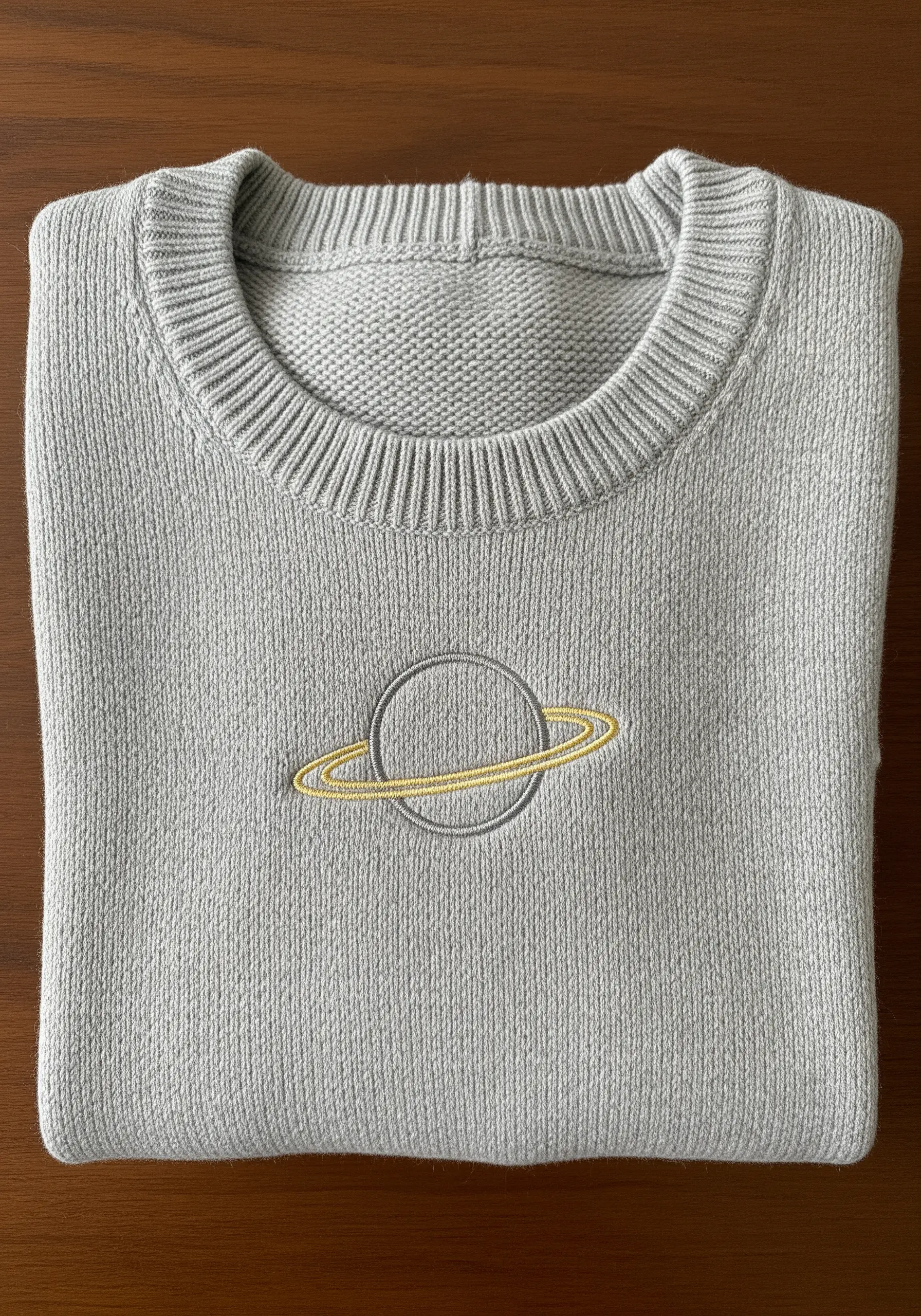 Minimalist planet with a yellow ring embroidered on a gray knit sweater.