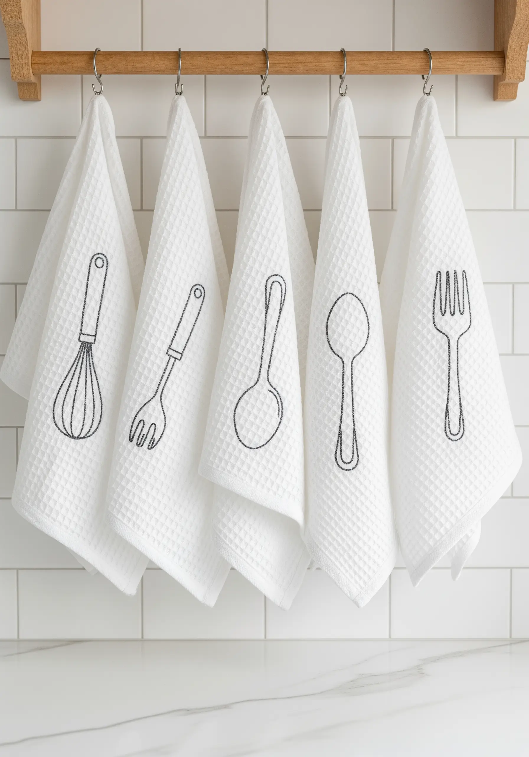 Simple outlines of kitchen utensils embroidered in black on white waffle weave towels.