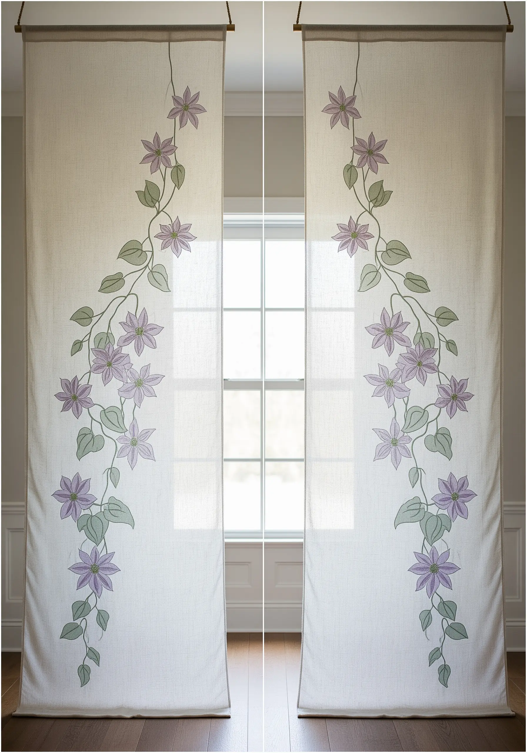 Sheer white curtains embroidered with climbing purple clematis vines by a window.