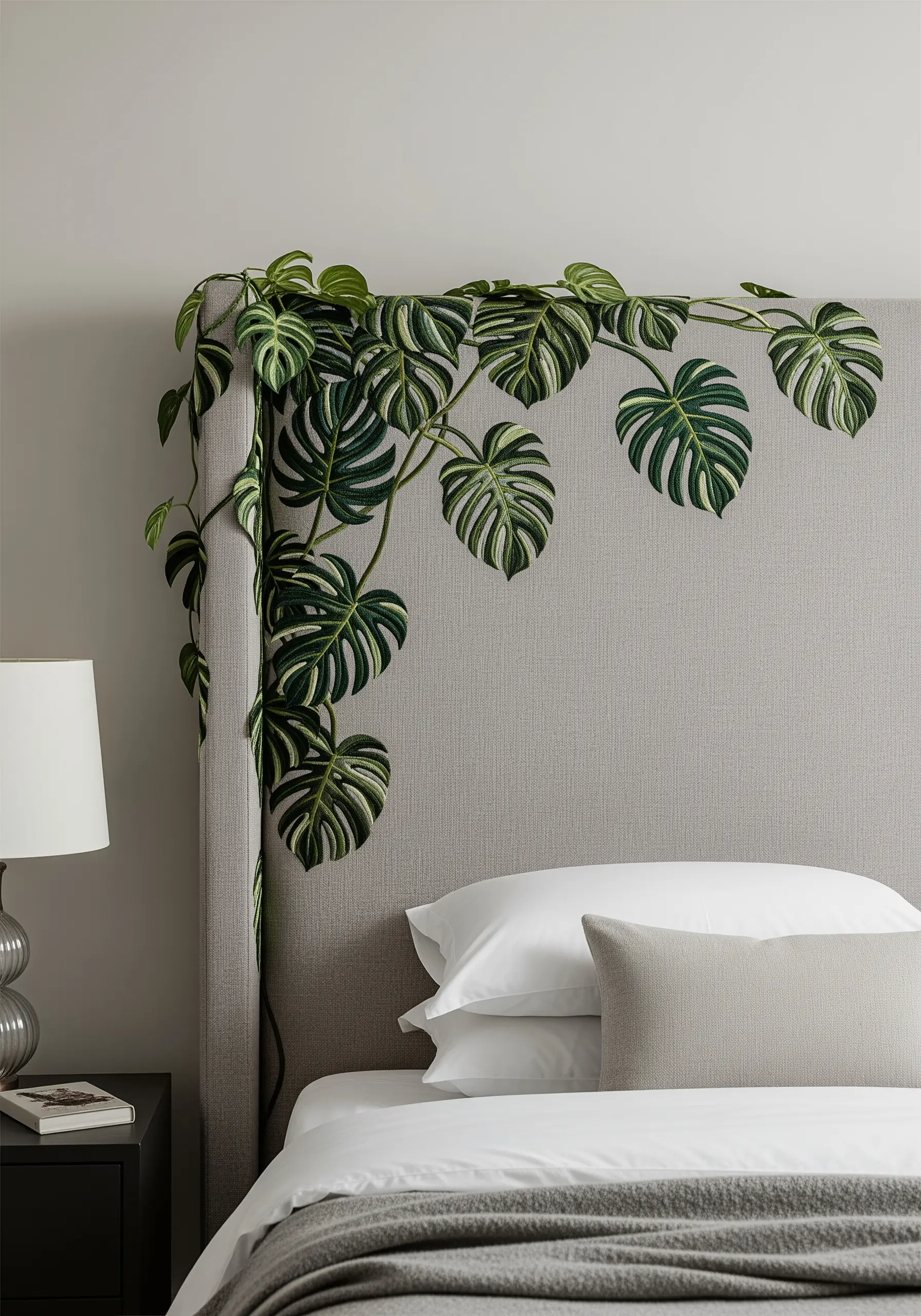 A realistic monstera vine embroidered directly onto a gray upholstered bed headboard.