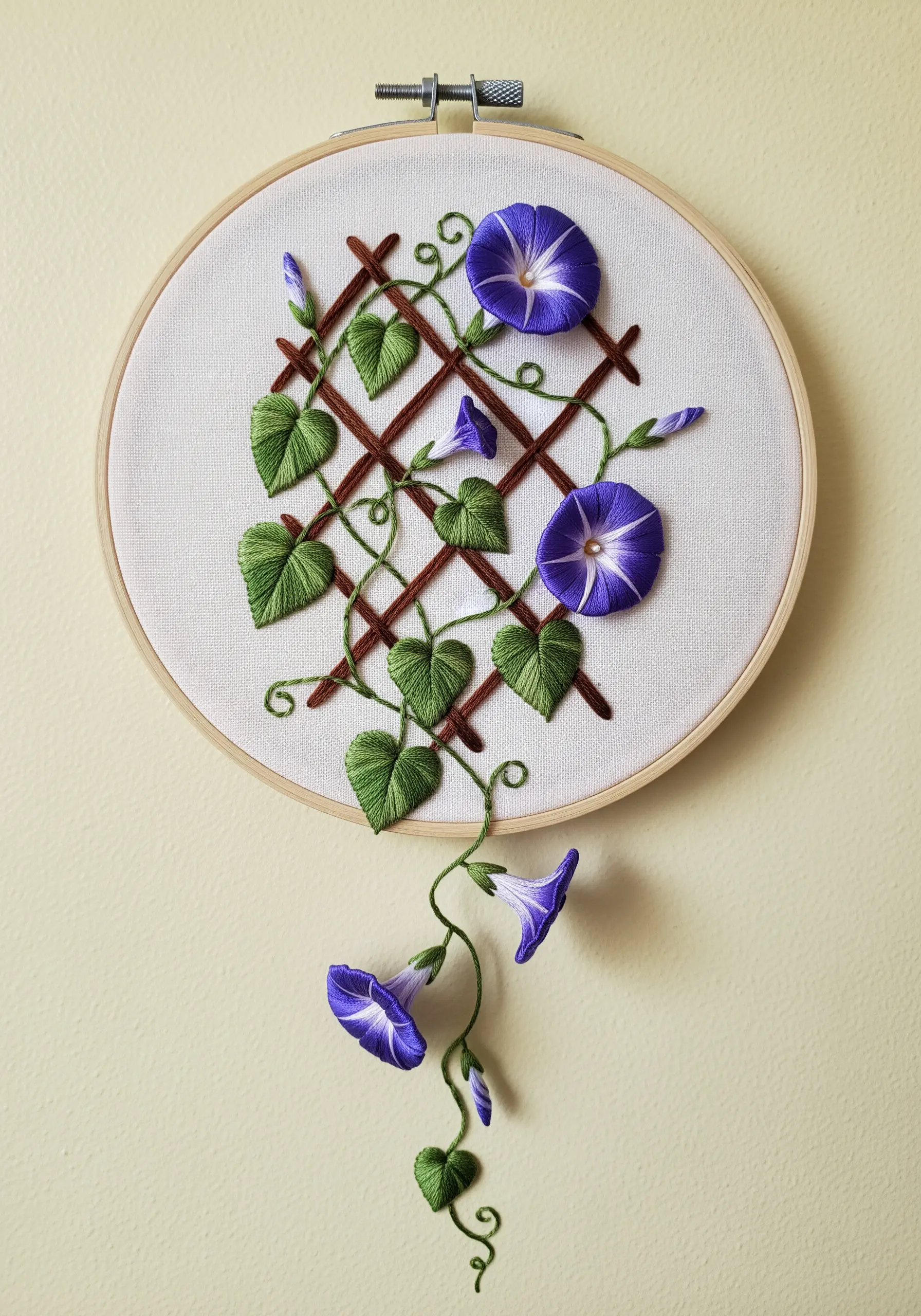 3D embroidered morning glories on a trellis, with one vine hanging below the hoop.