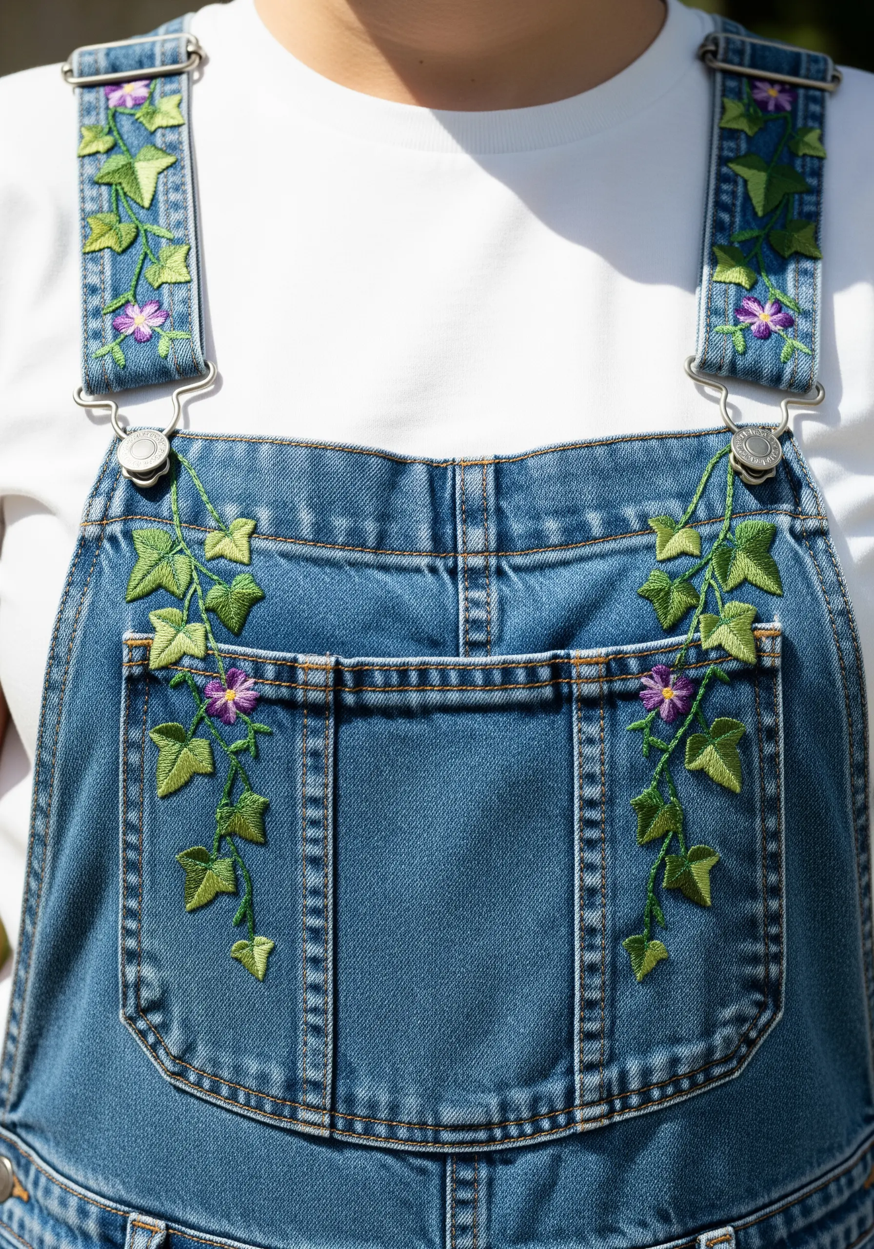 Denim overalls with green ivy vines embroidered climbing up the straps and pockets
