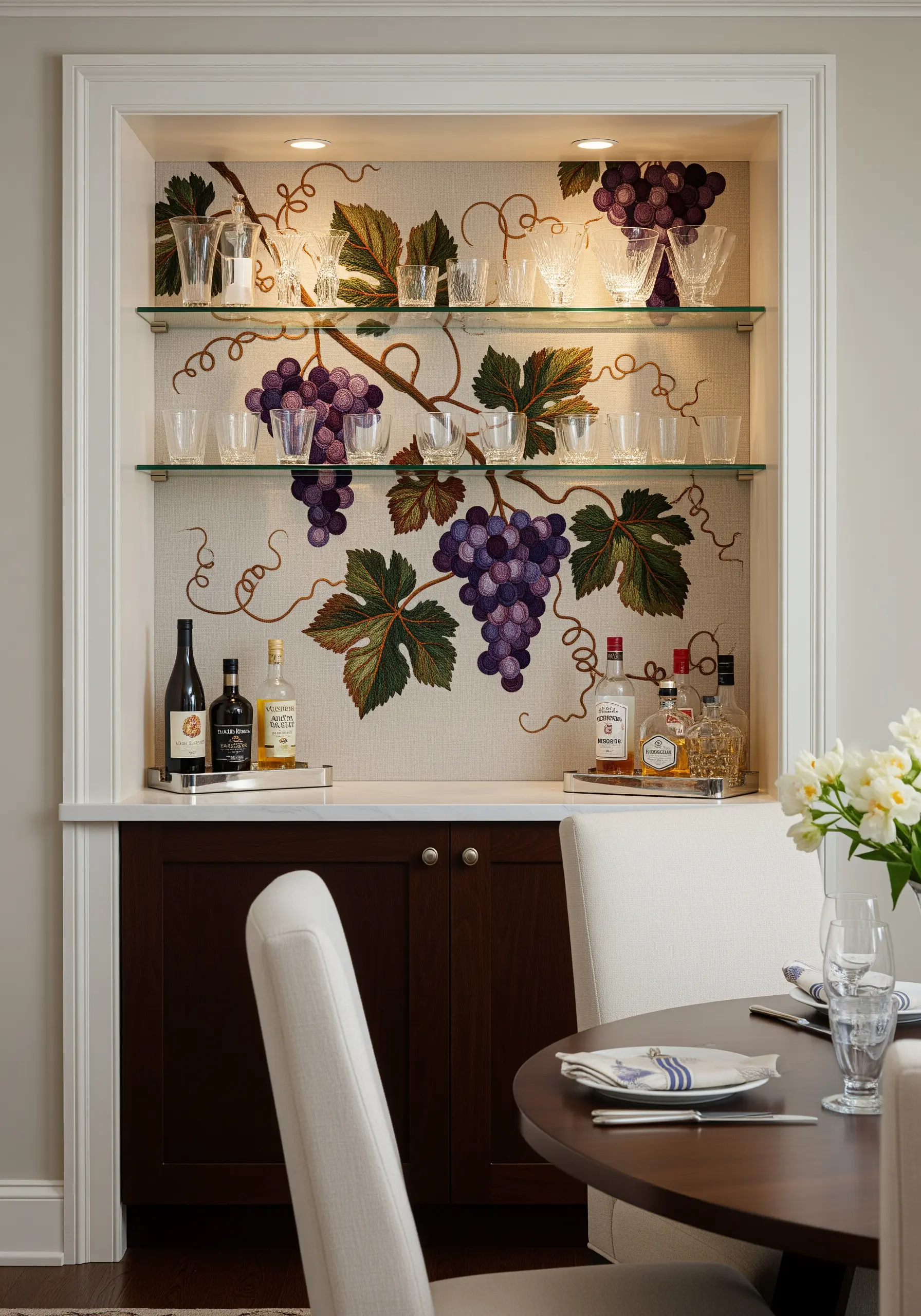 Embroidered grapevines artfully arranged on the back wall of a bar or glassware niche.