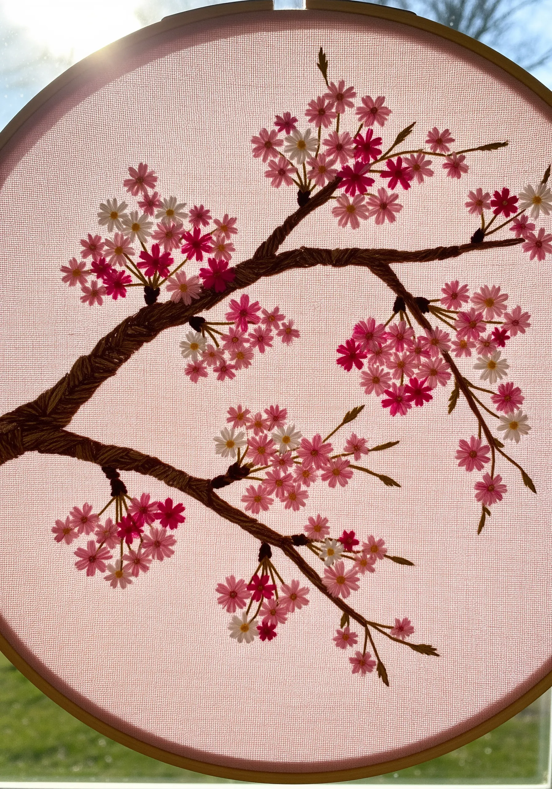 A cherry blossom branch embroidered with pink and white lazy daisy stitches.