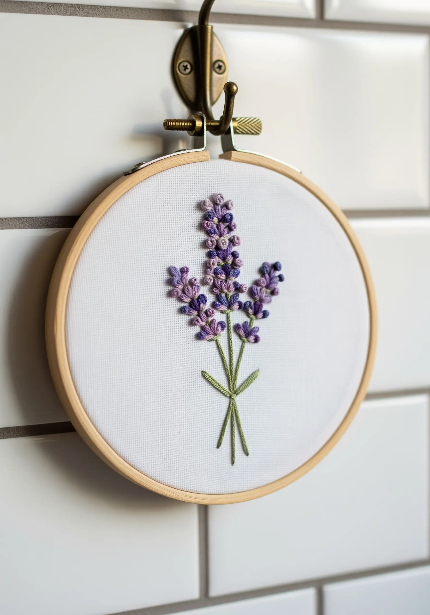 A bunch of lavender embroidered with purple French knots and green stems on white fabric.