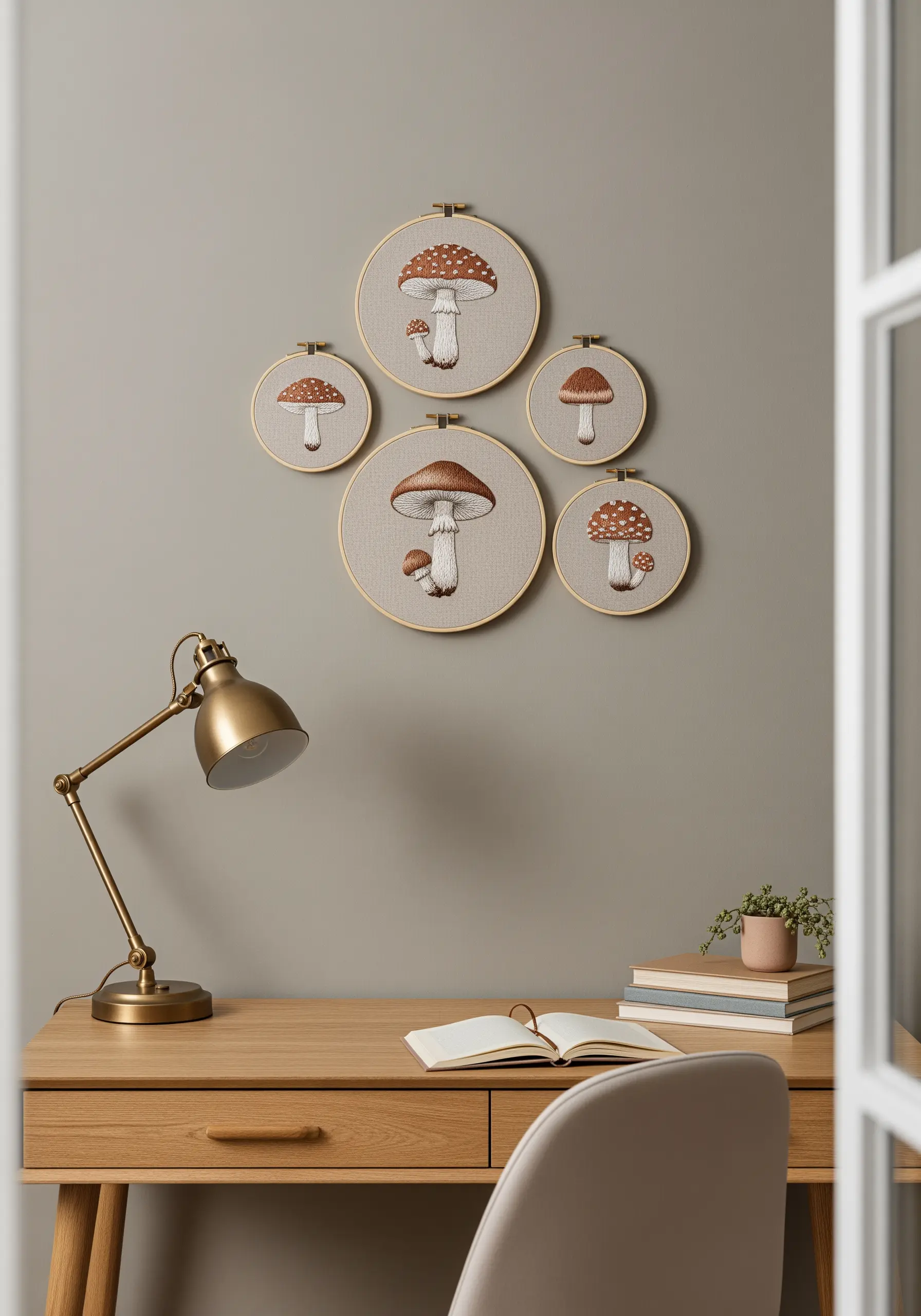 A collection of five embroidery hoops with different mushroom designs hung on a gray wall.