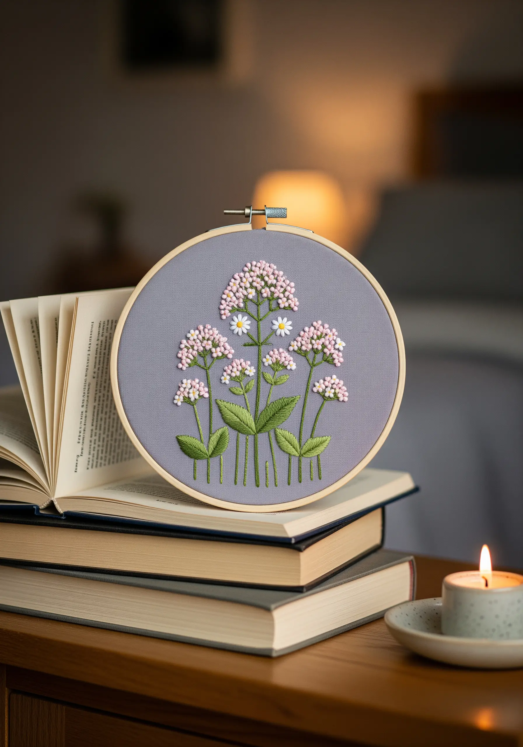 Embroidered valerian flowers with clusters of pink and white French knots.