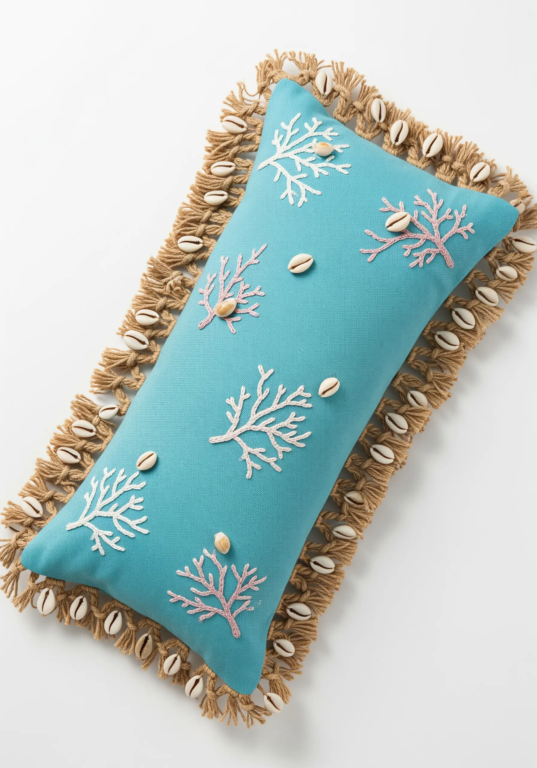 Embroidered coral branches on a turquoise pillow, embellished with real cowrie shells.