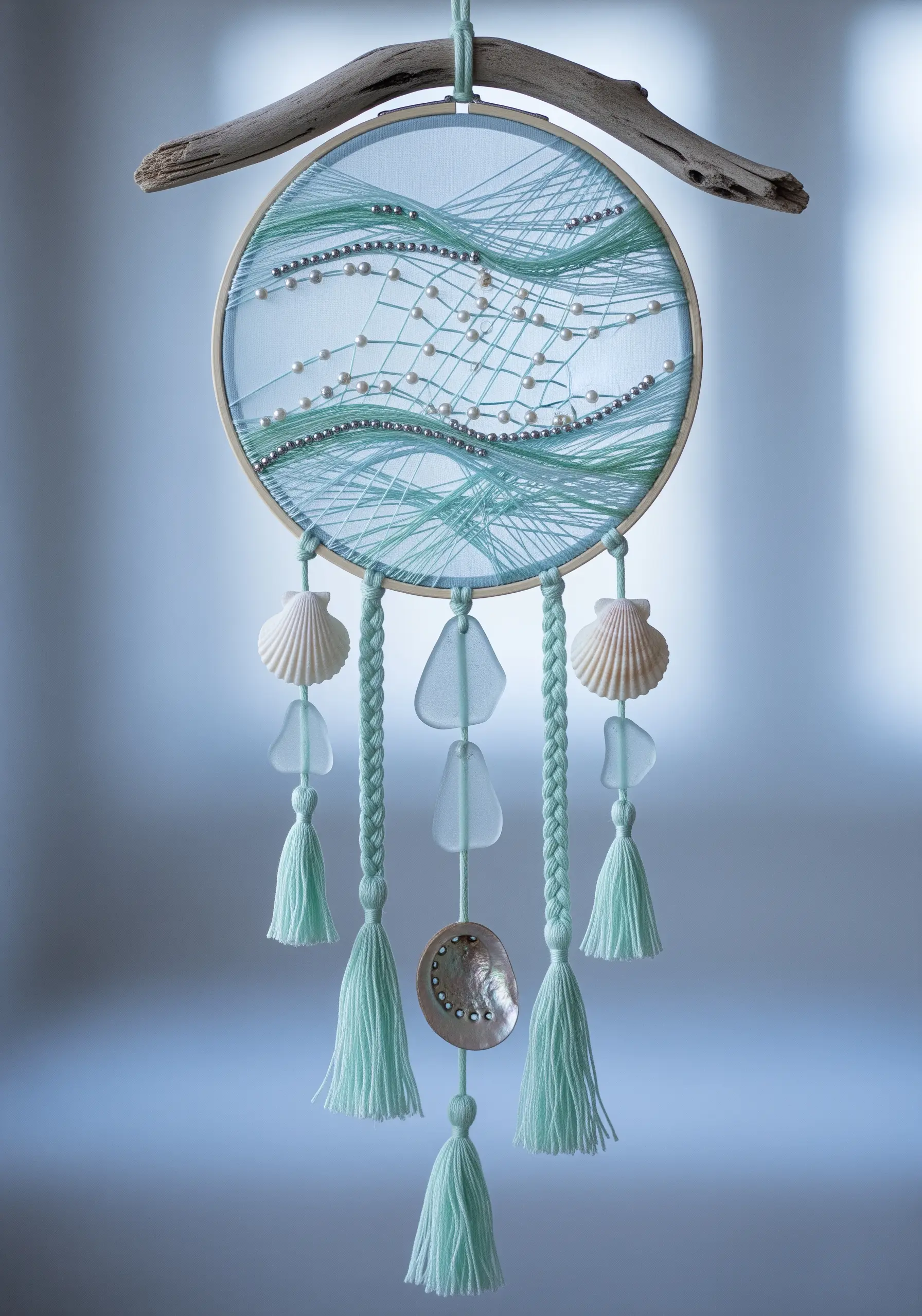 Seafoam green string art with pearls, sea glass, and shells on a sheer fabric.