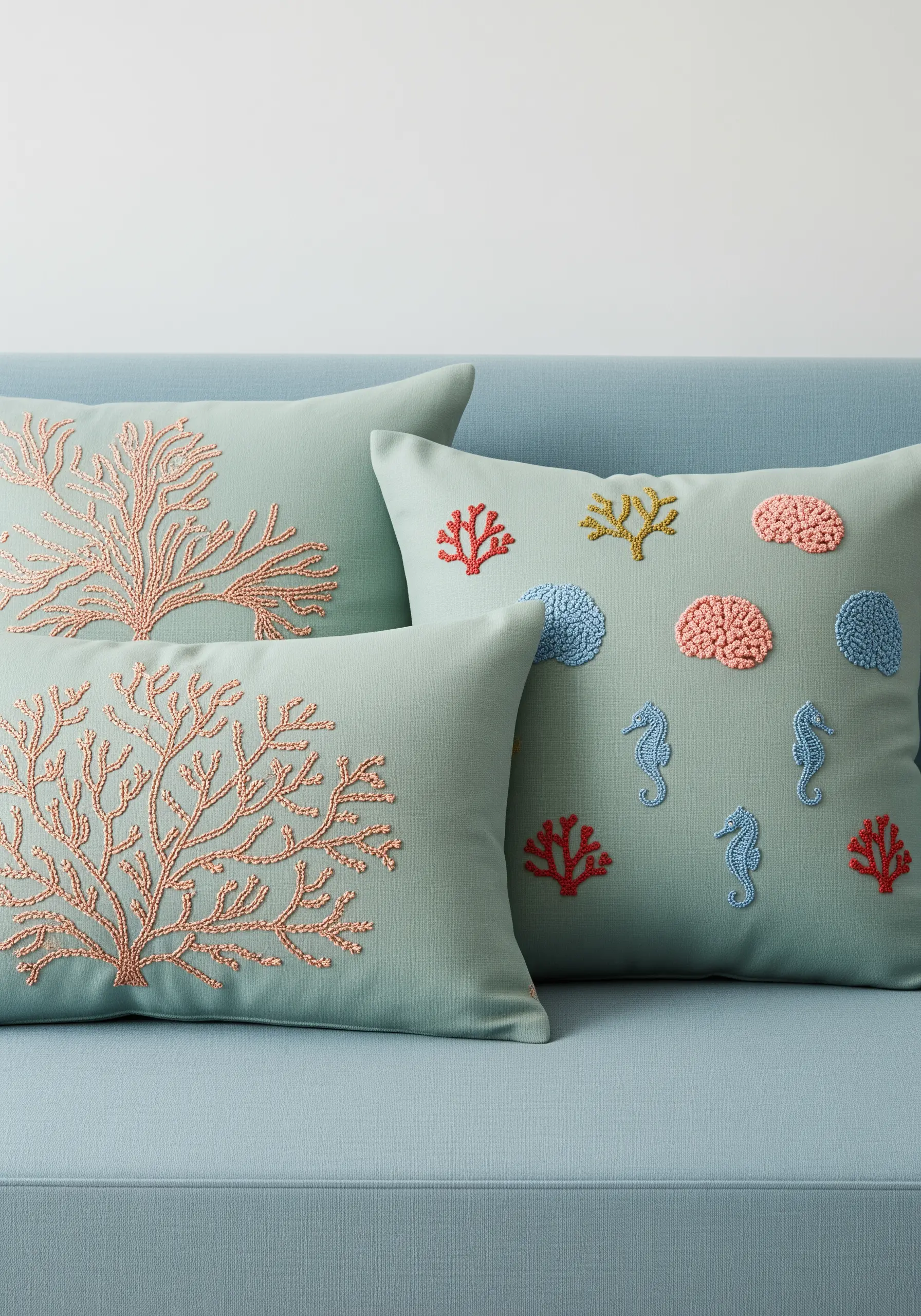 Embroidered sea life on teal pillows, featuring French knot coral and chain stitch shells.