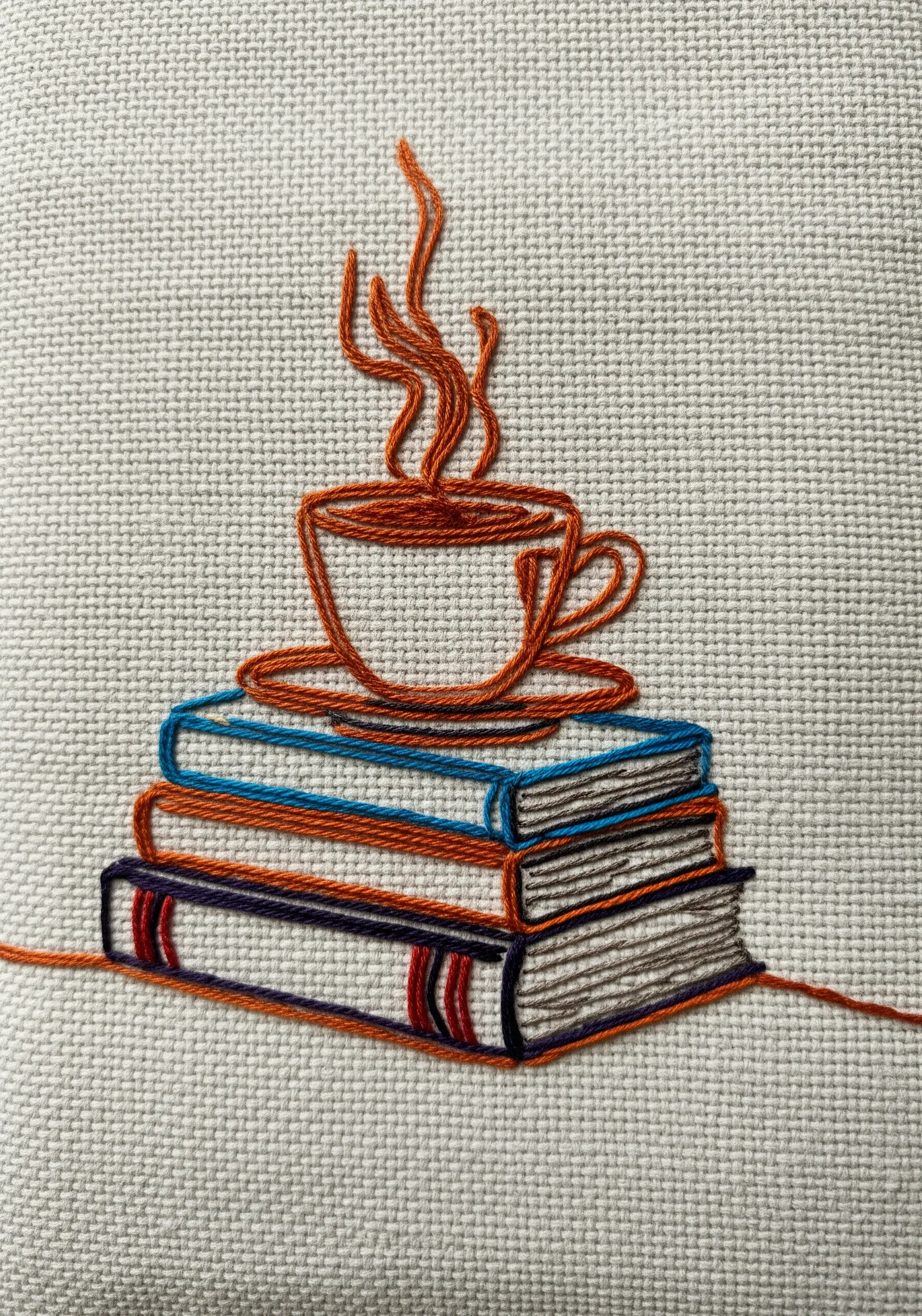 Embroidery of a coffee cup on a stack of books using orange and blue thread