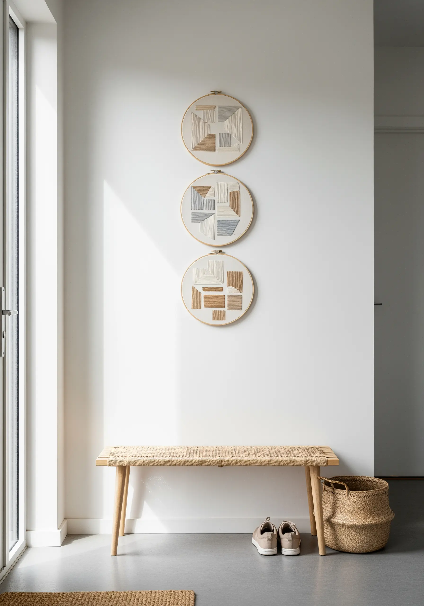 A trio of embroidery hoops with geometric block patterns in muted earth tones.