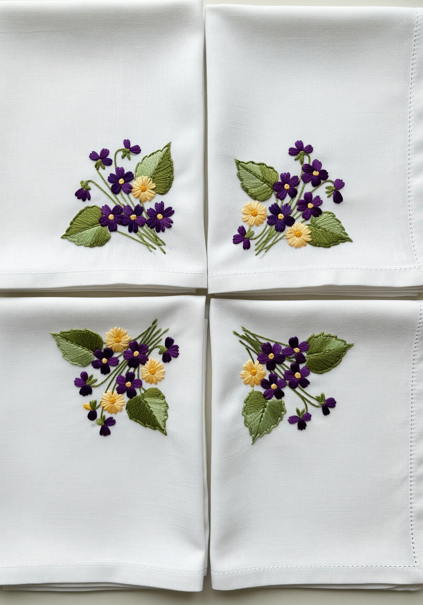 Four white napkins, each embroidered with a small, identical bouquet of purple and yellow flowers.