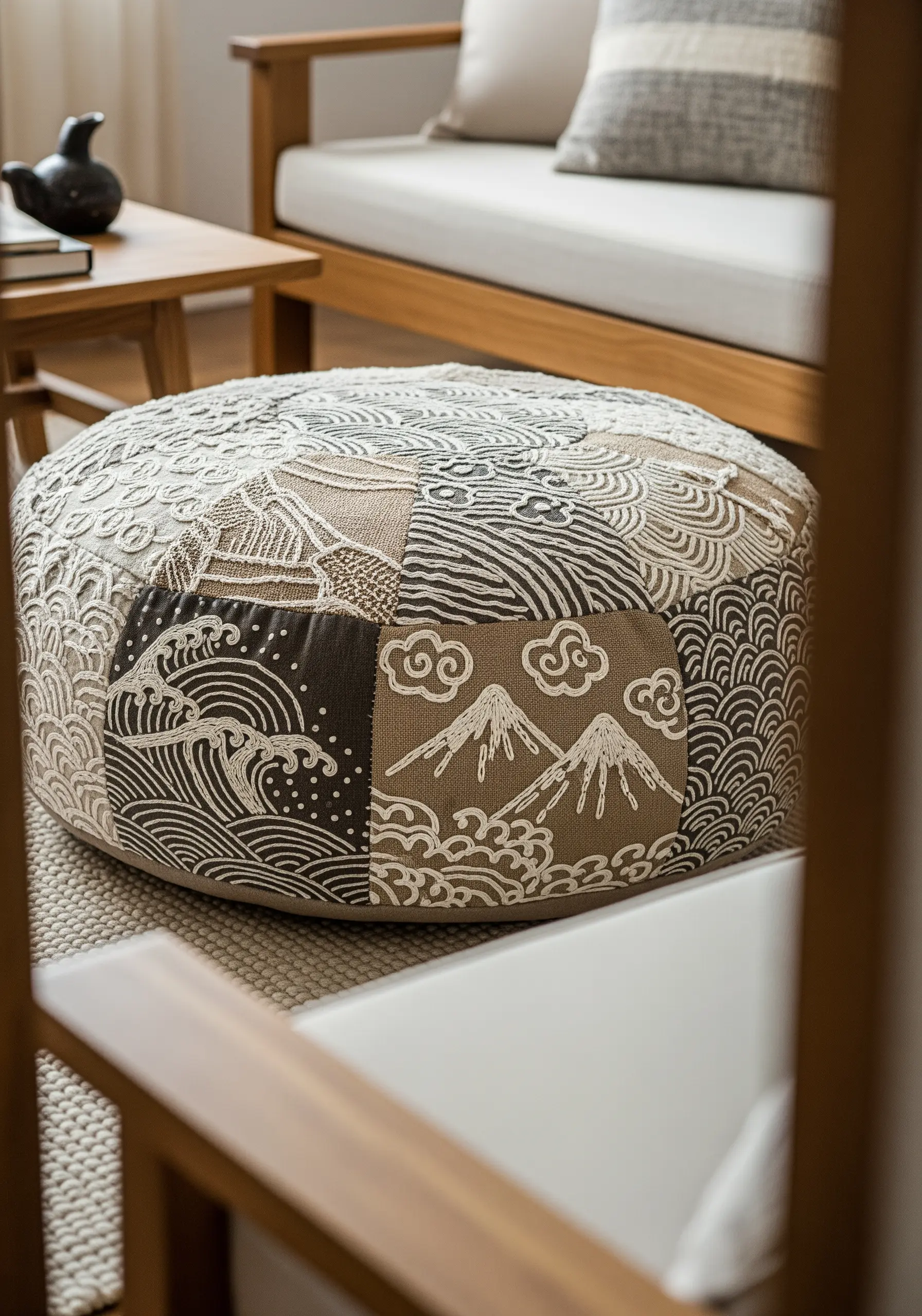 A patchwork pouf featuring different embroidered nature scenes in a unified neutral color palette.