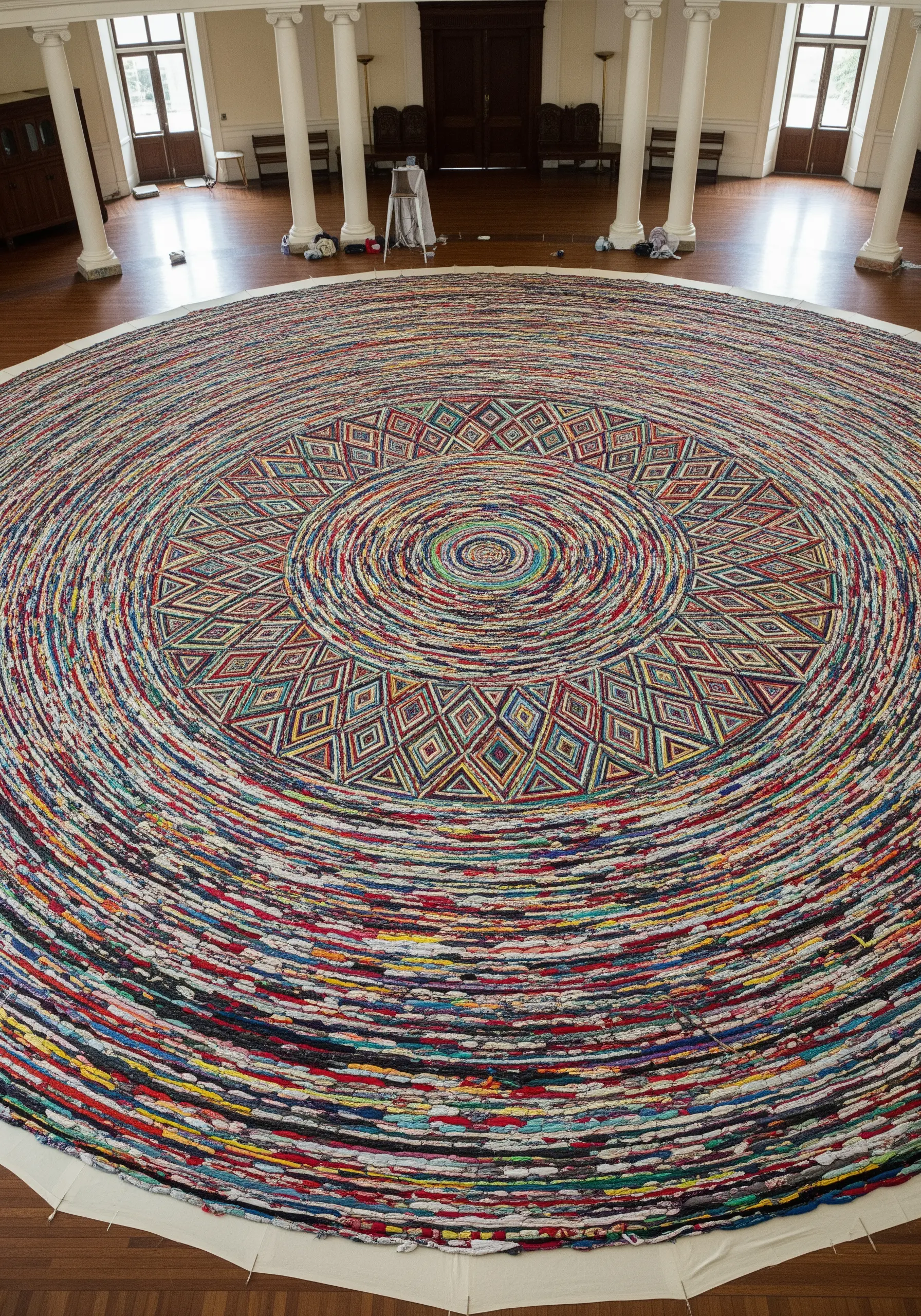 A massive, circular coiled rug made from multicolored scrap fabric, filling a large hall.