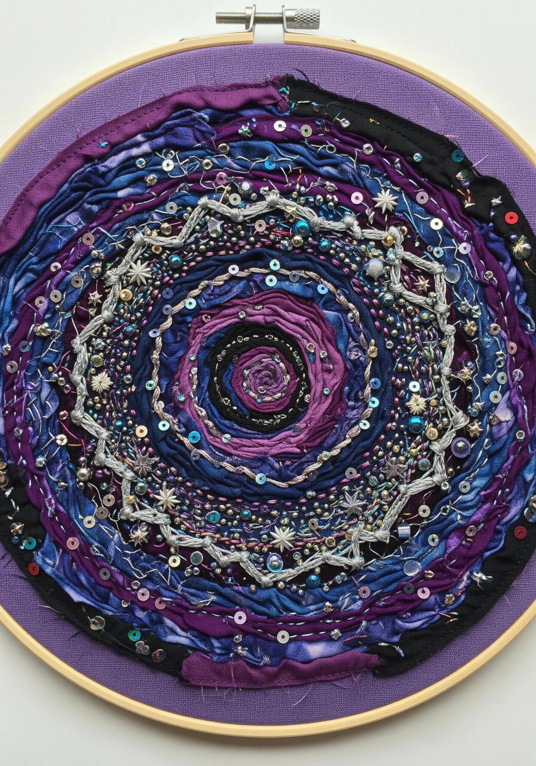 A spiral fabric collage in purple and blue, heavily embellished with beads and sequins.