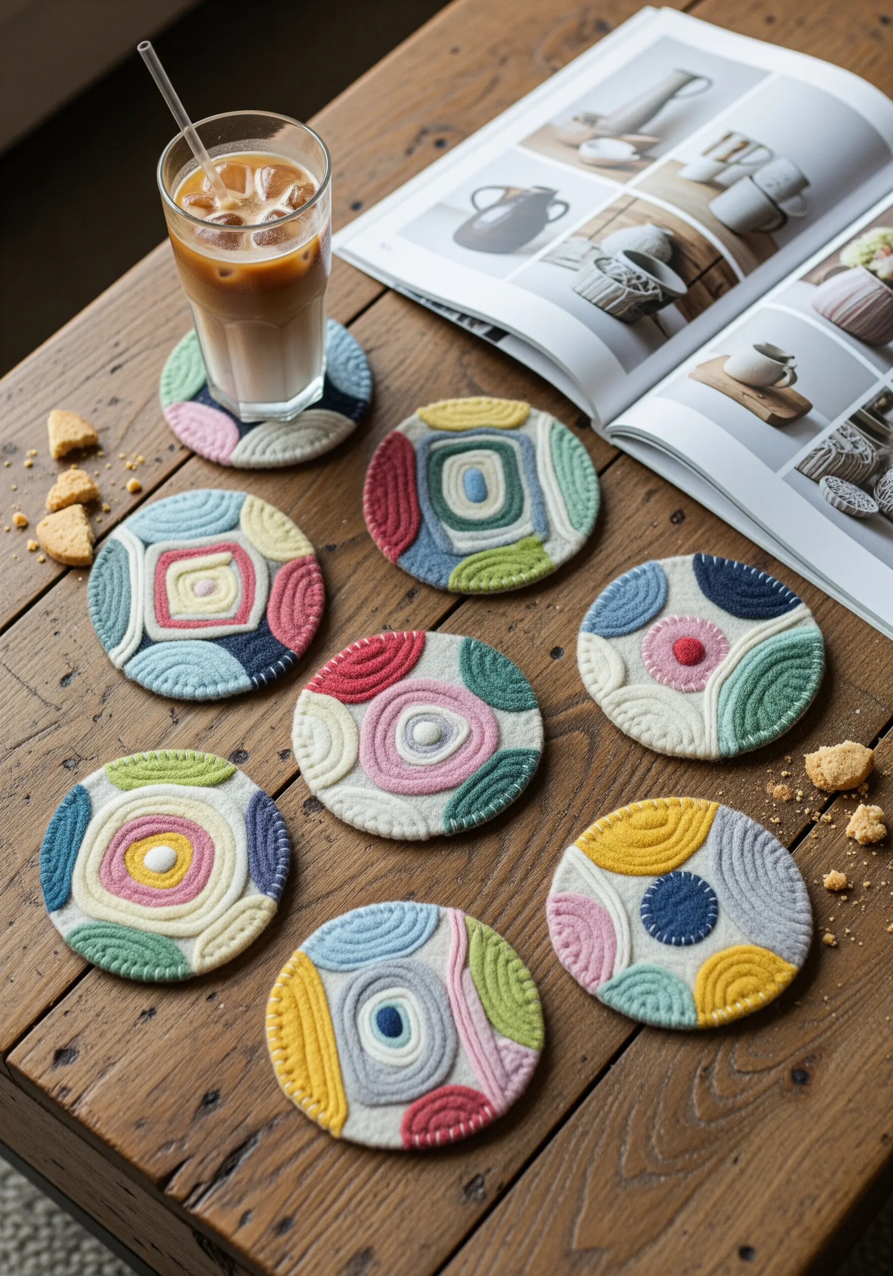 Coiled fabric coasters with visible stitching