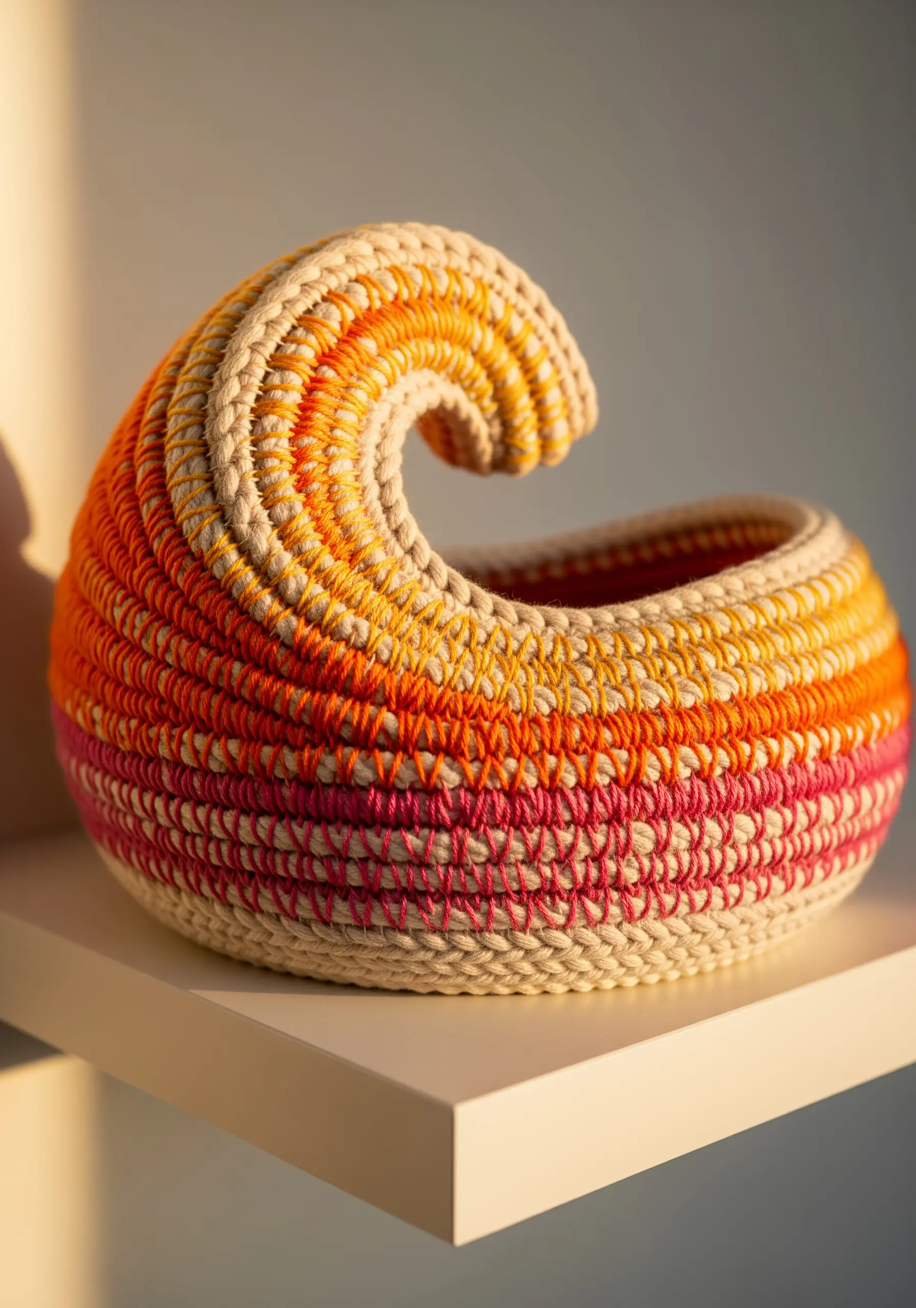 Coiled rope basket with orange and pink thread