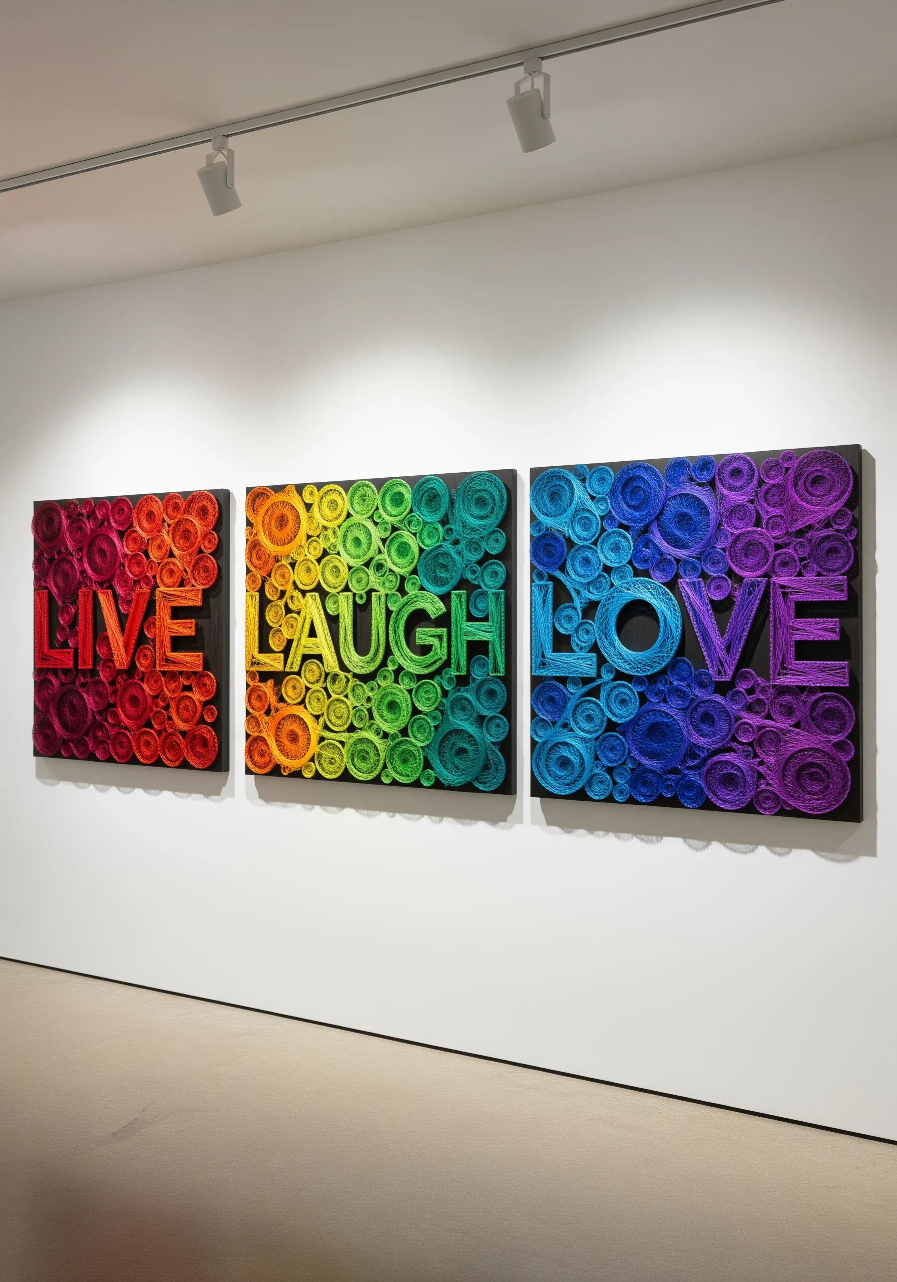 Colorful coiled thread art spelling LIVE LAUGH LOVE on black