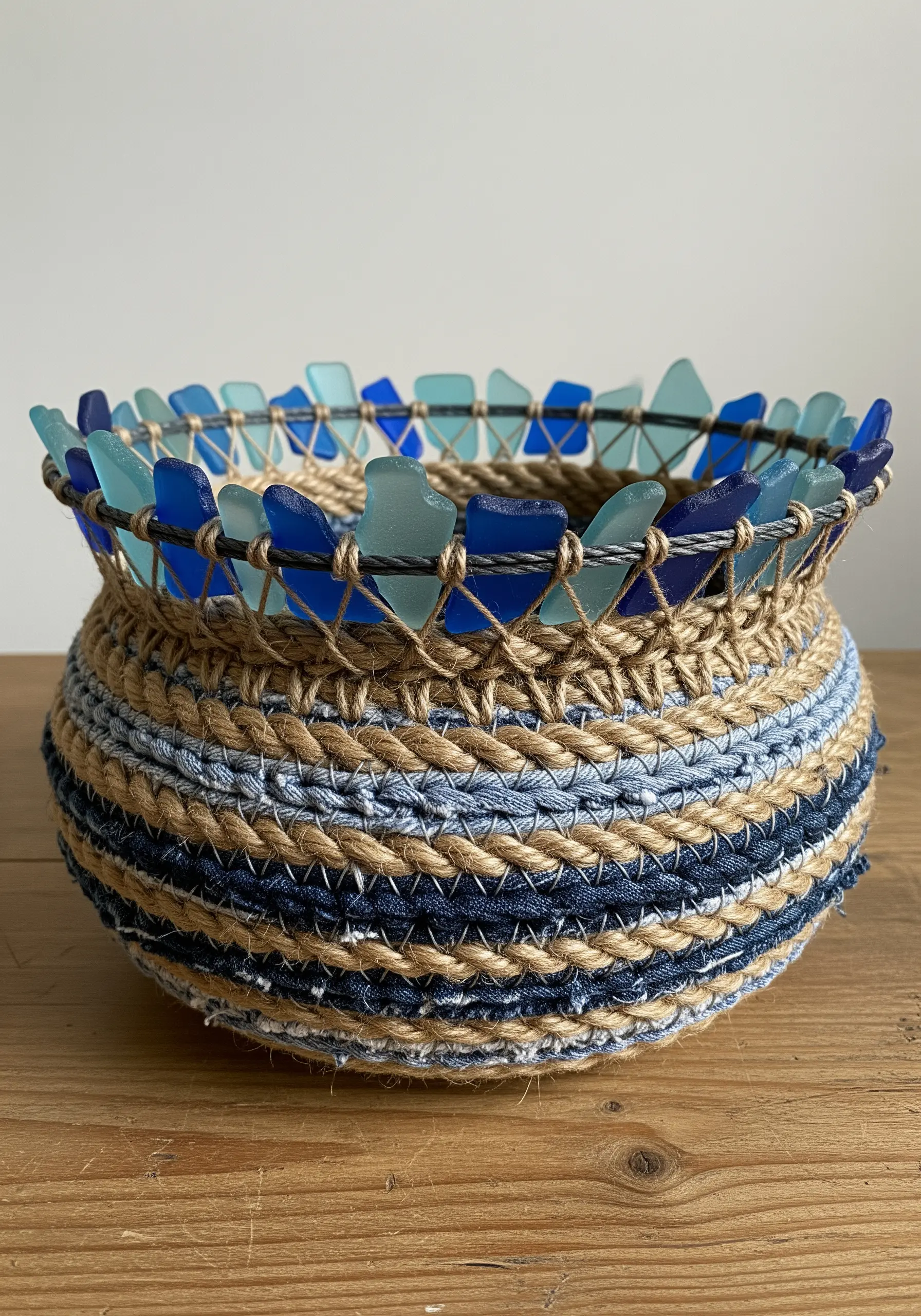 Coiled basket made of denim strips and jute with sea glass rim