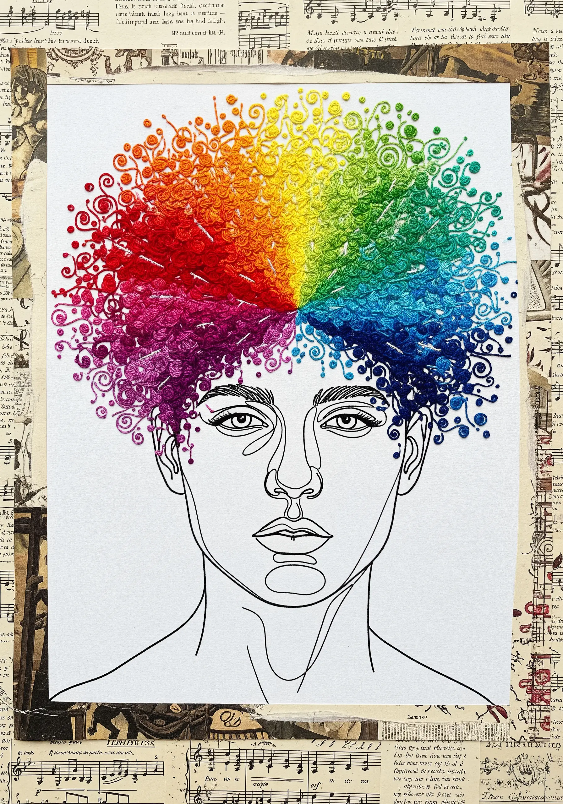 A line art portrait over a sheet music collage with rainbow French knot embroidered hair.