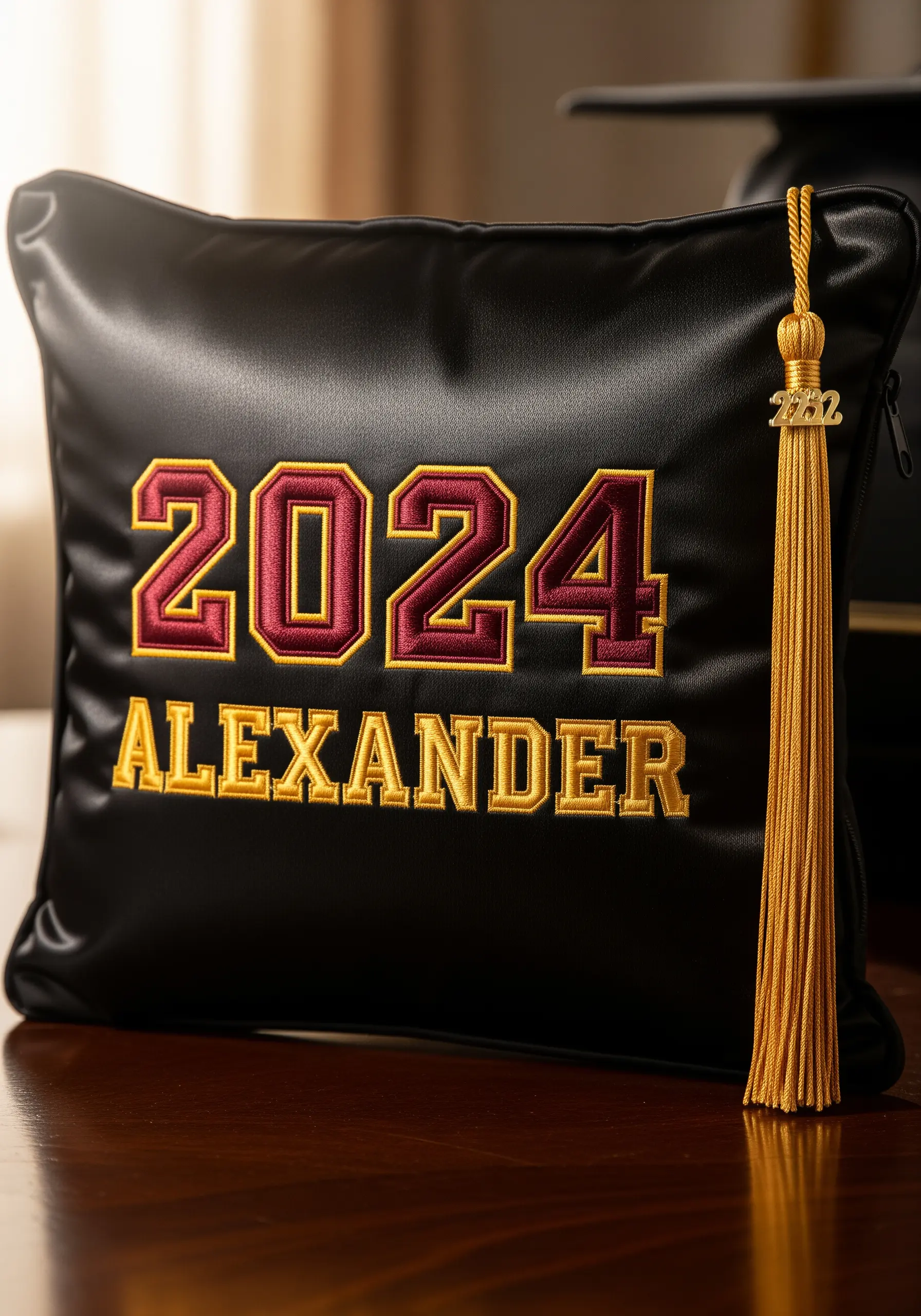 Black leather cushion with red and gold 2024 Alexander embroidery