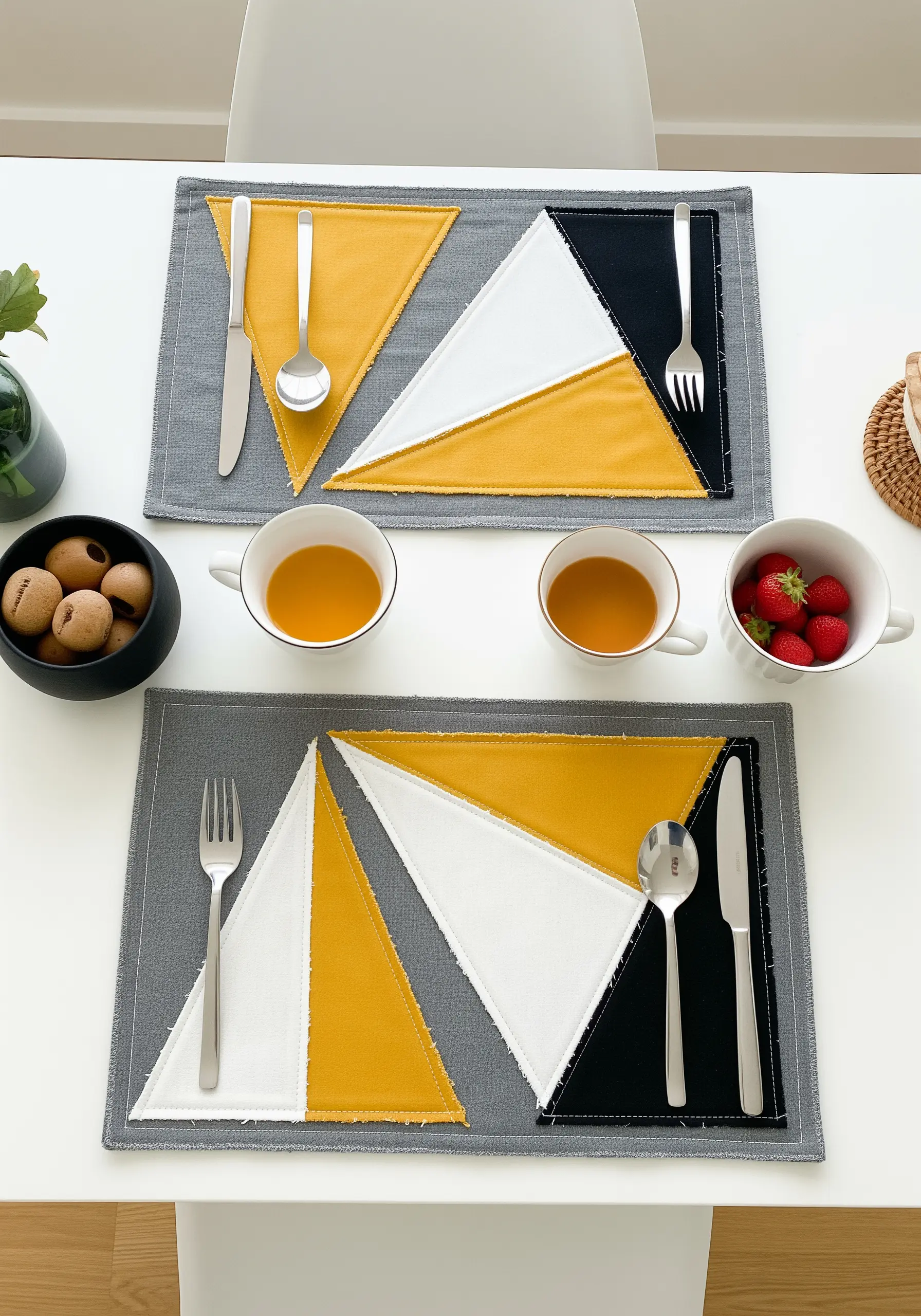 Modern placemats made with color-blocked triangles in yellow, white, black, and grey.