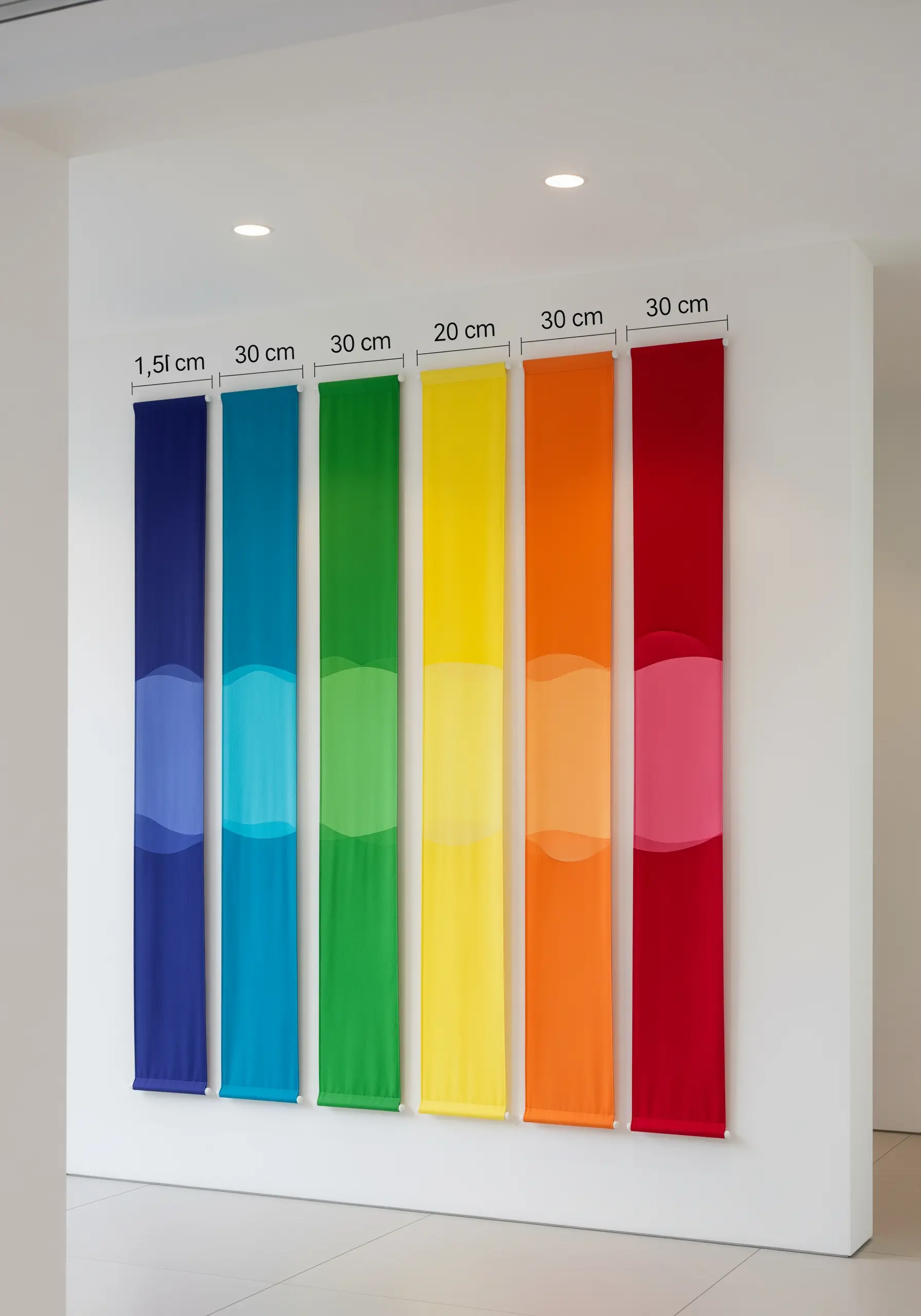 A series of six long banners arranged in a rainbow gradient from blue to red.