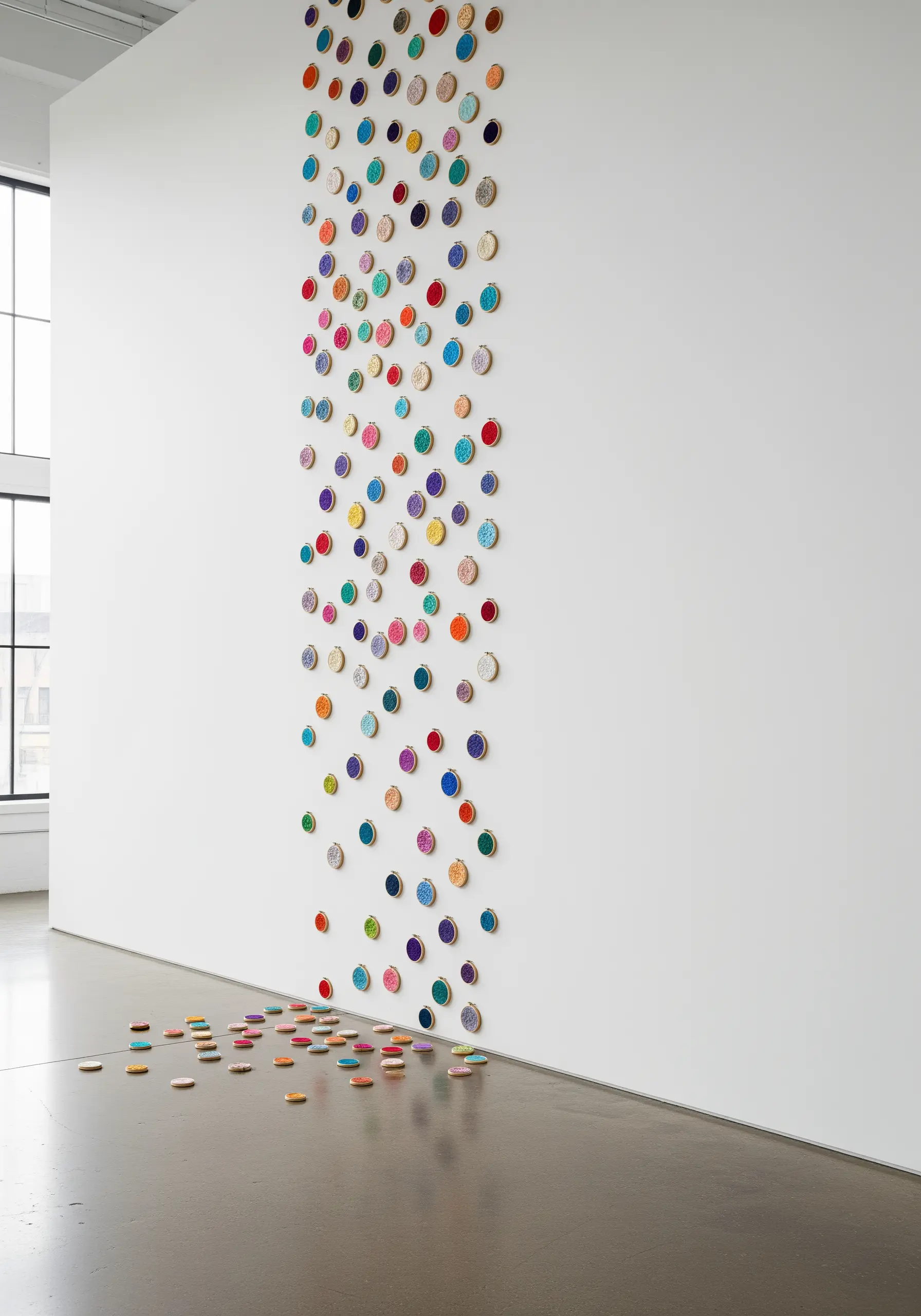 Column of colorful embroidery dots on a white gallery wall