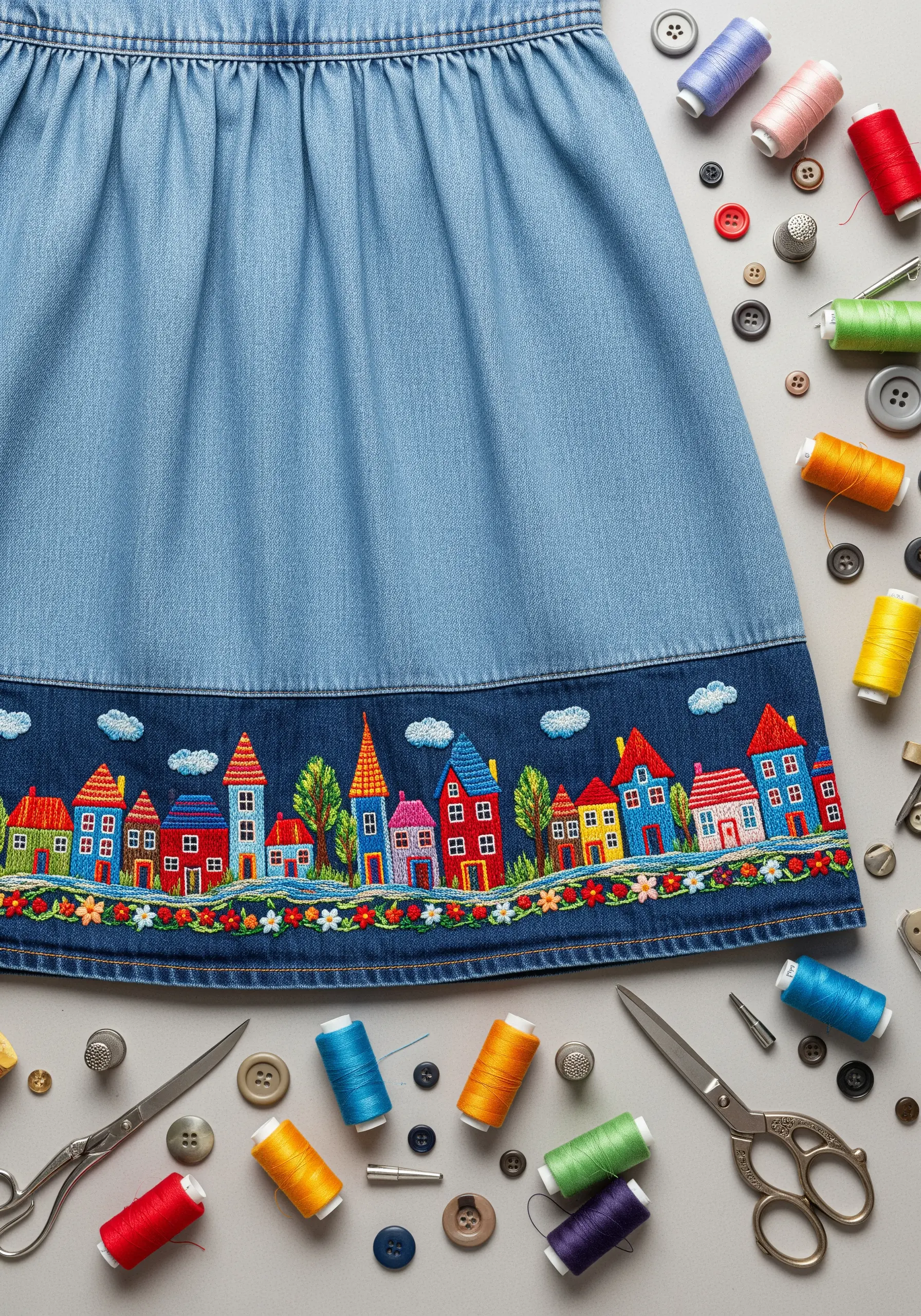Denim skirt with a row of colorful embroidered houses and trees
