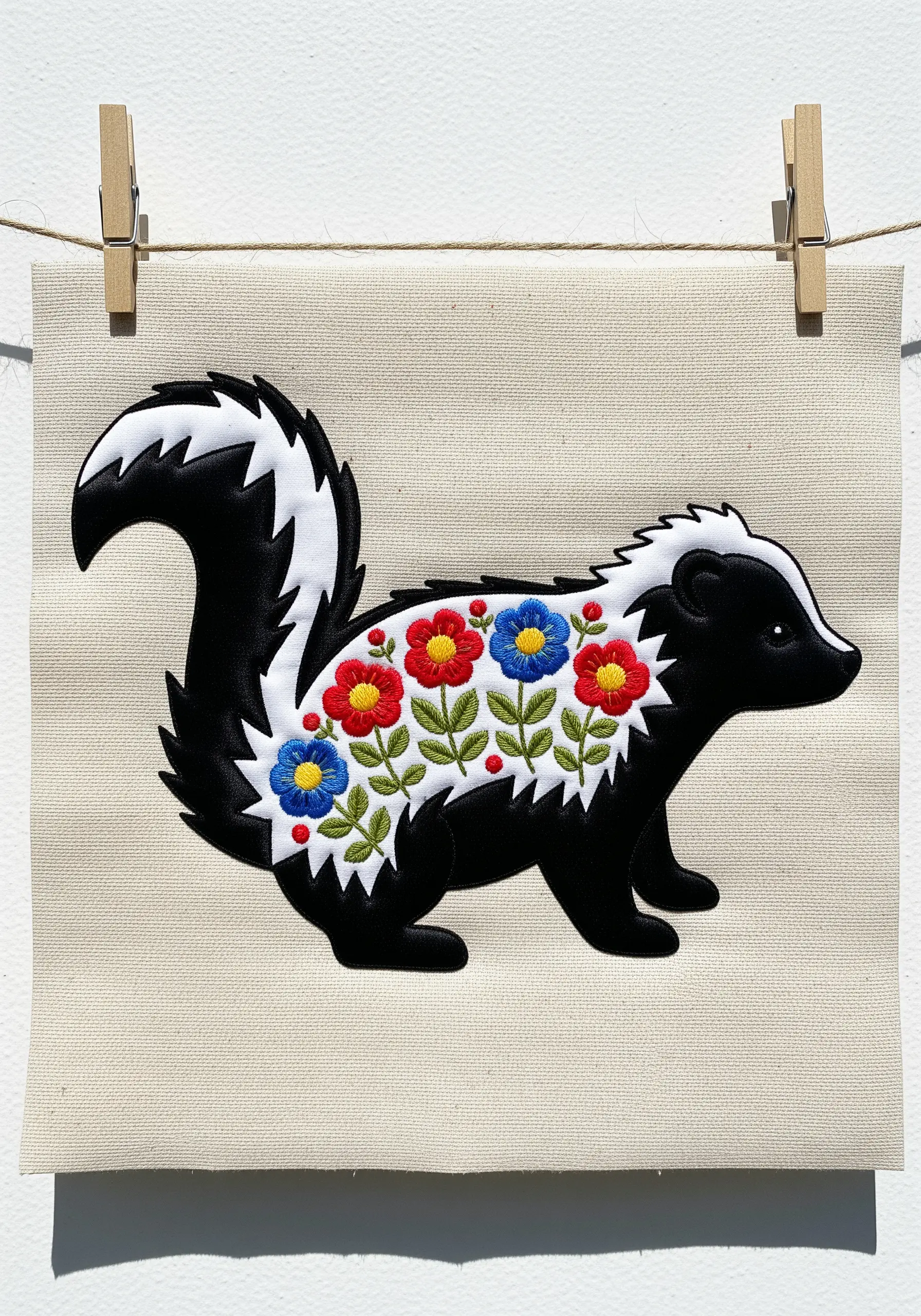 Skunk silhouette with its white stripe filled with colorful folk art flowers.