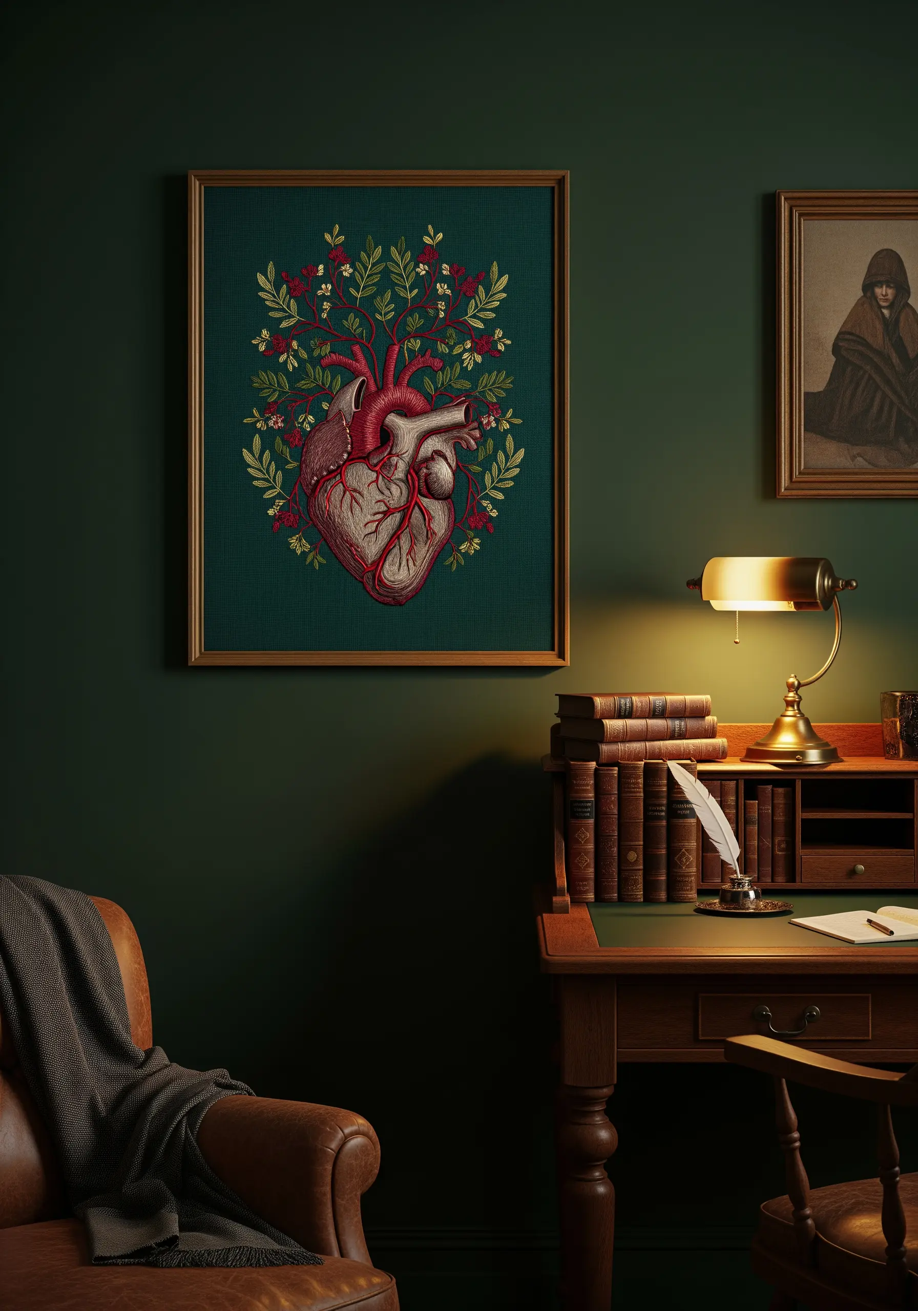 A framed embroidery of an anatomical heart with green leaves and red flowers growing from it.