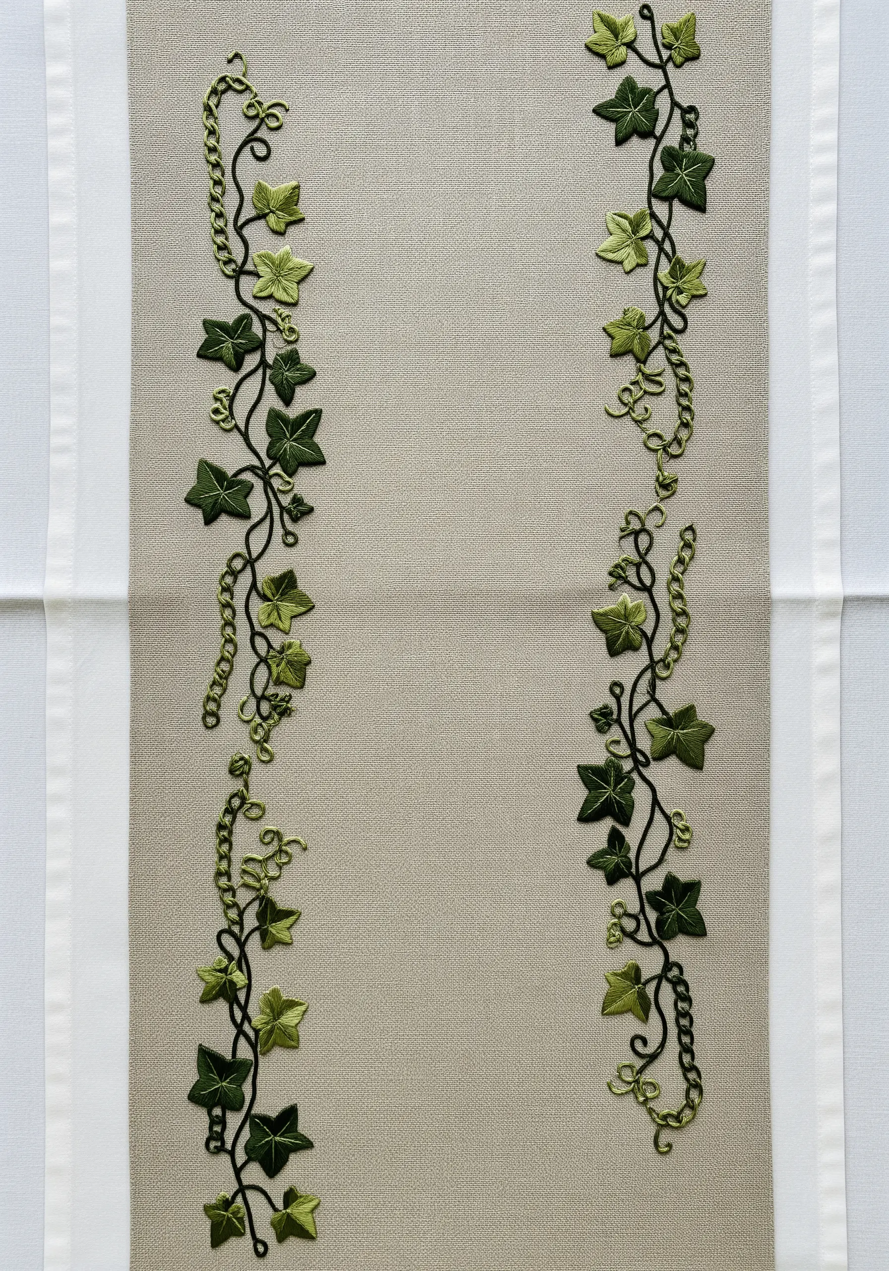 A table runner with embroidered ivy vines and appliqué leaves creating a border.