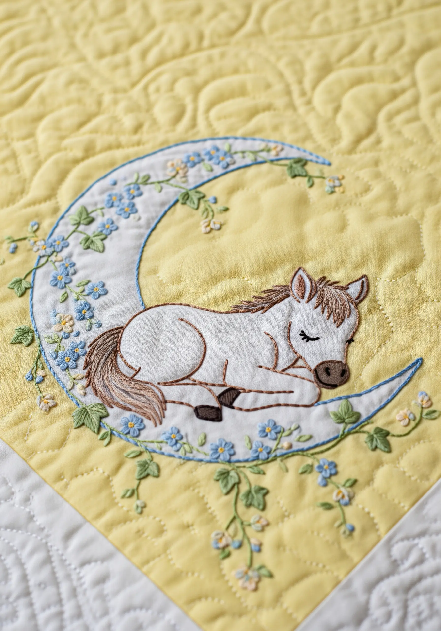 Appliquéd foal sleeping on a crescent moon with embroidered flowers on a yellow quilt.