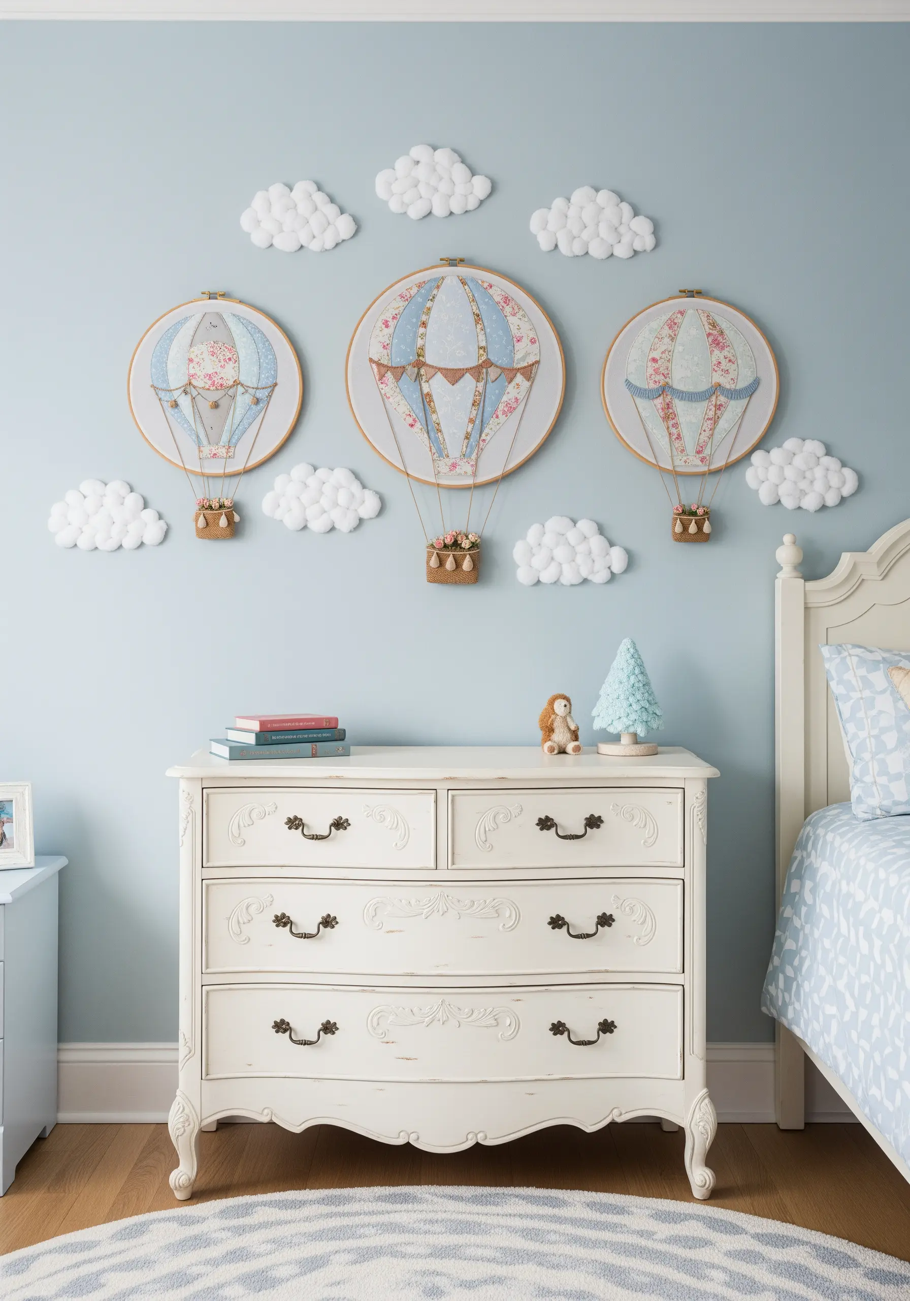 A wall display of three embroidered hot air balloons using patterned fabric appliqué.