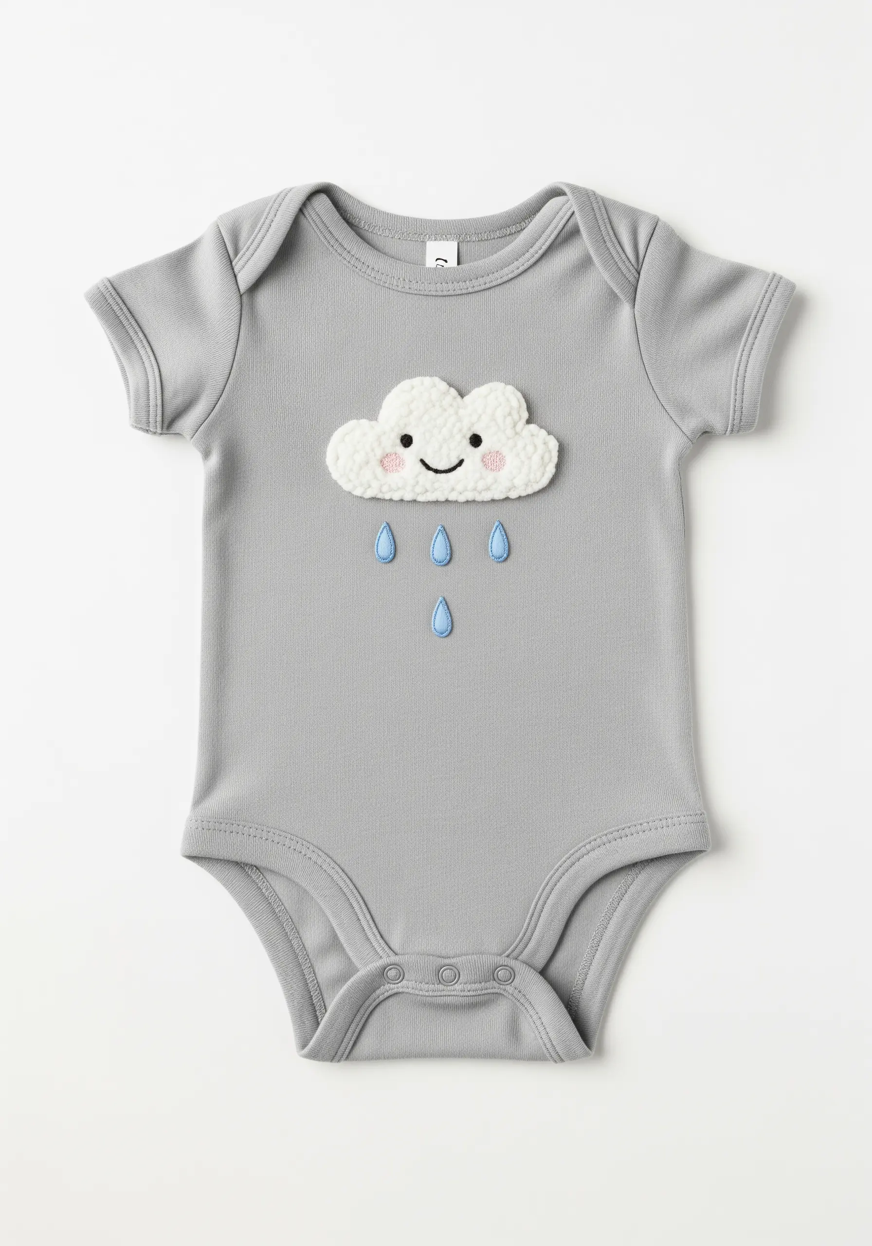 A fluffy white appliqué cloud with embroidered details on a grey baby bodysuit.