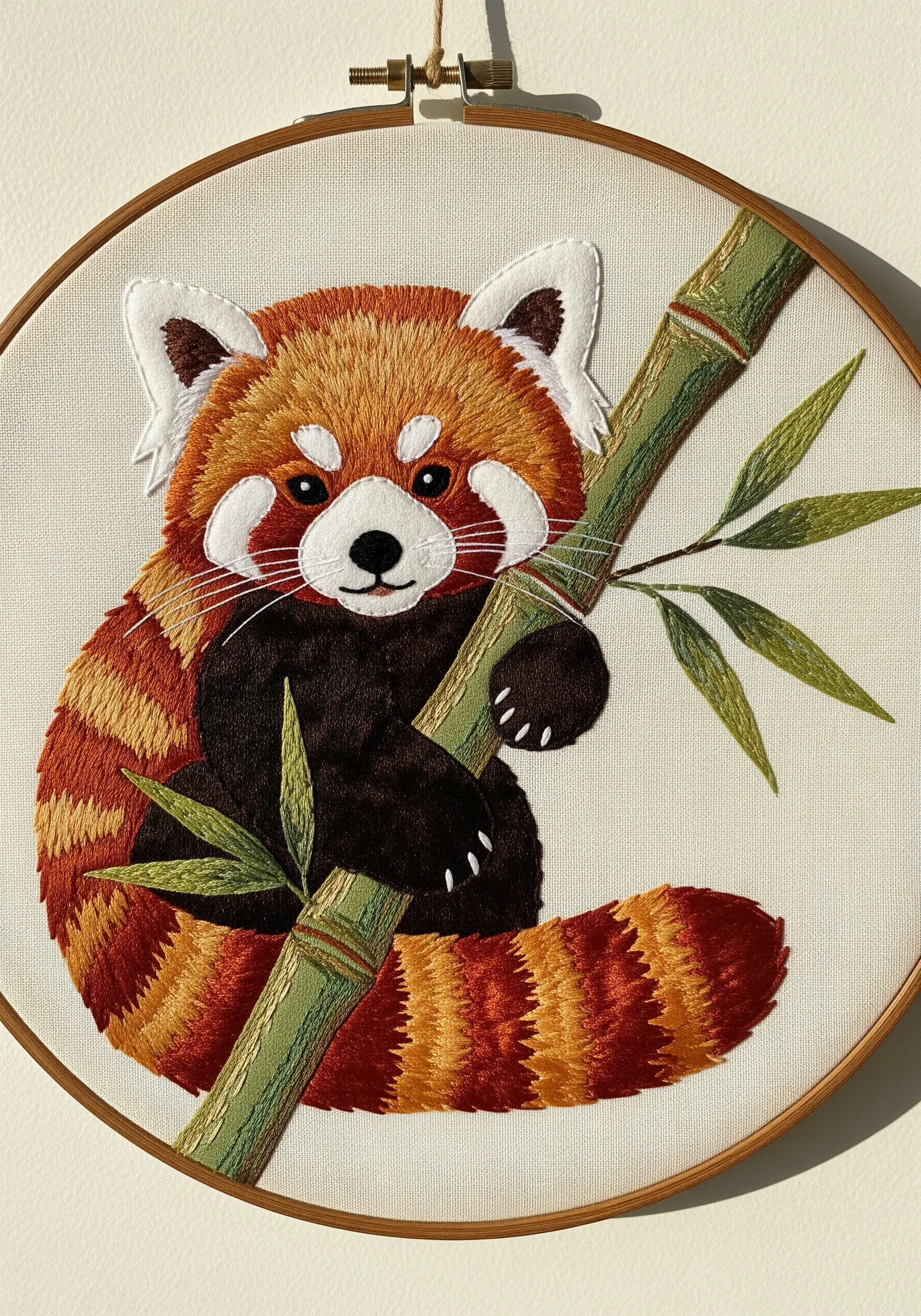 A cute red panda made with felt appliqué and clean satin stitch outlines on a bamboo stalk.